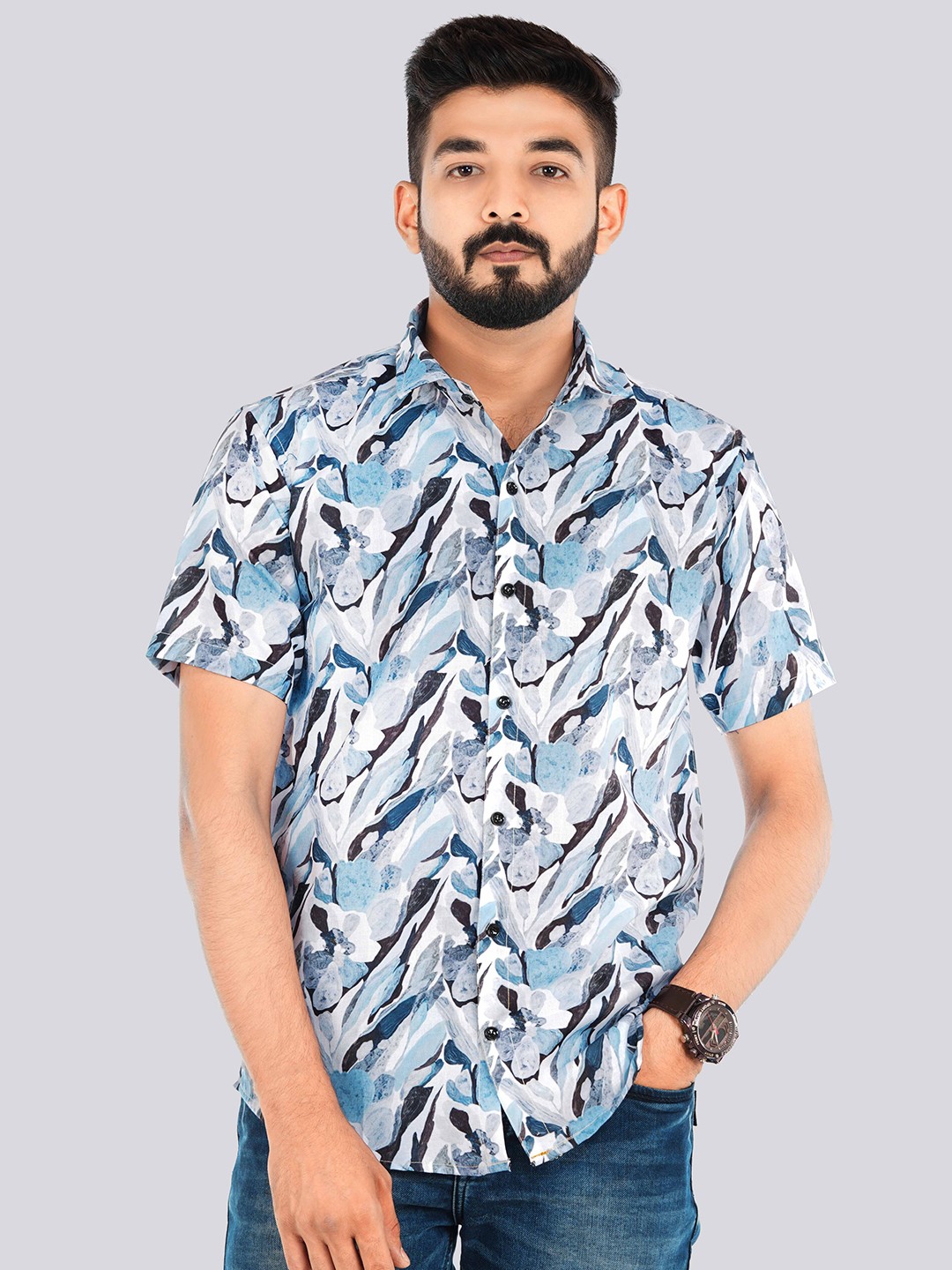 

VENISA Standard Fit Abstract Printed Casual Linen Blend Shirt, Blue
