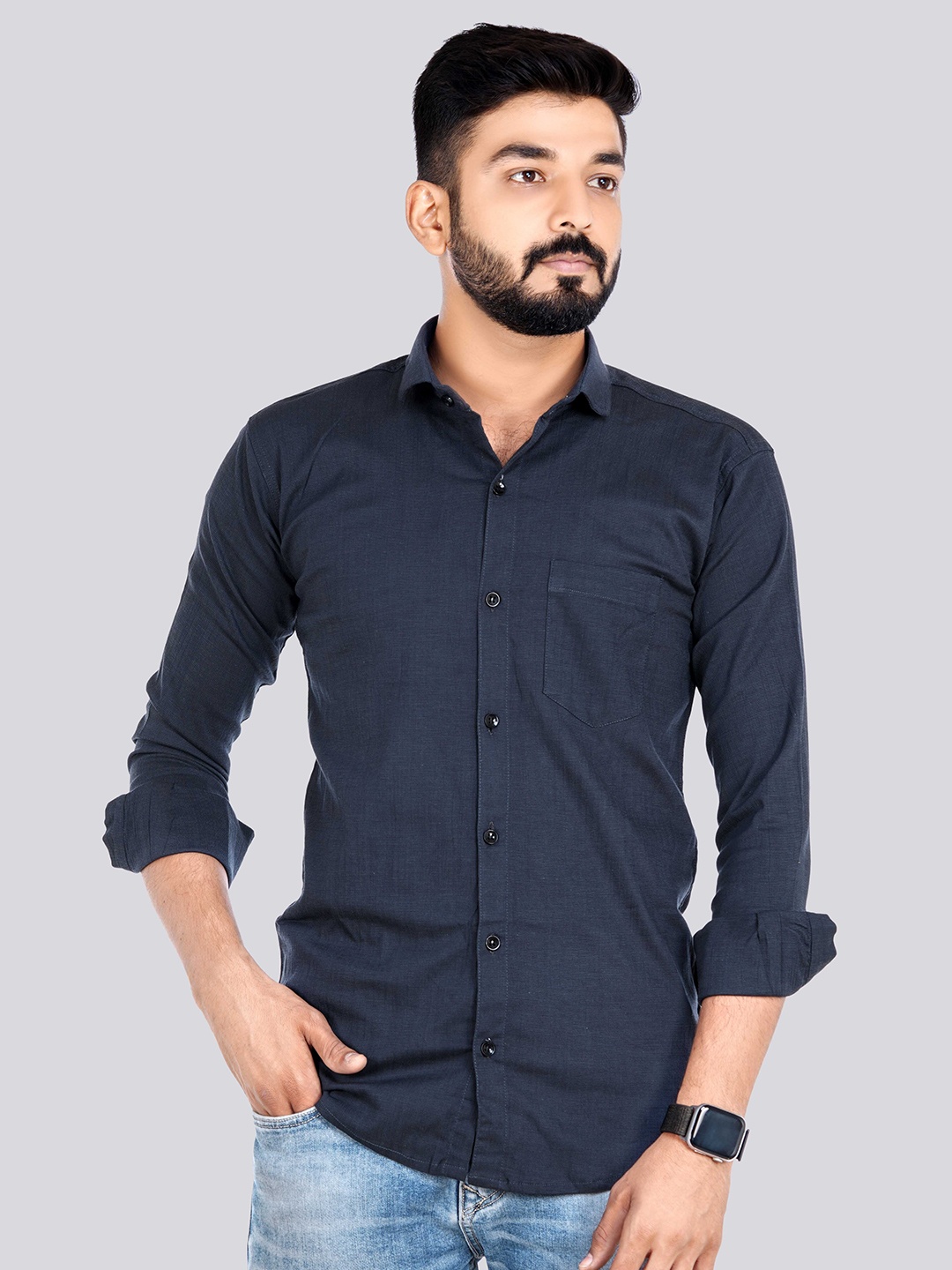 

VENISA Standard Fit Casual Cotton Lycra Shirt, Navy blue