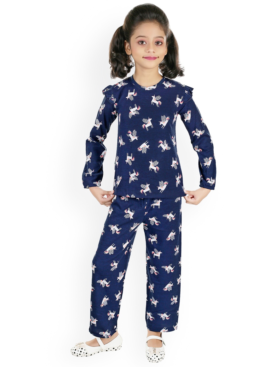 

BAESD Girls Printed Top With Pyjamas, Navy blue