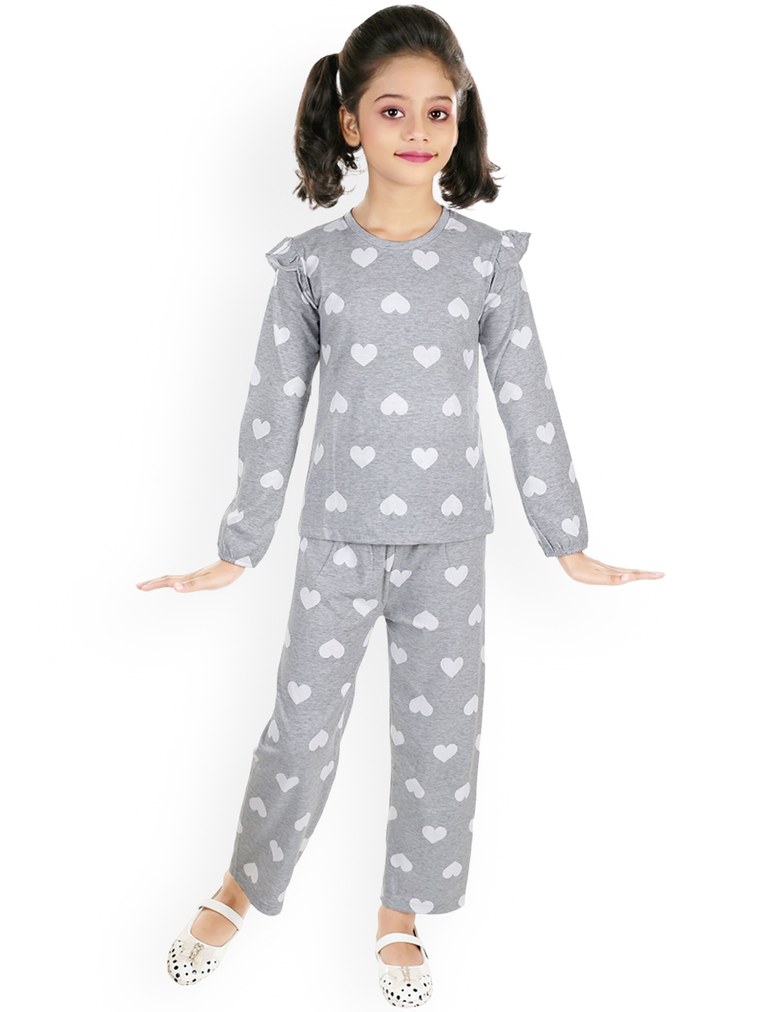 

BAESD Girls Heart Printed Night Suit, Grey