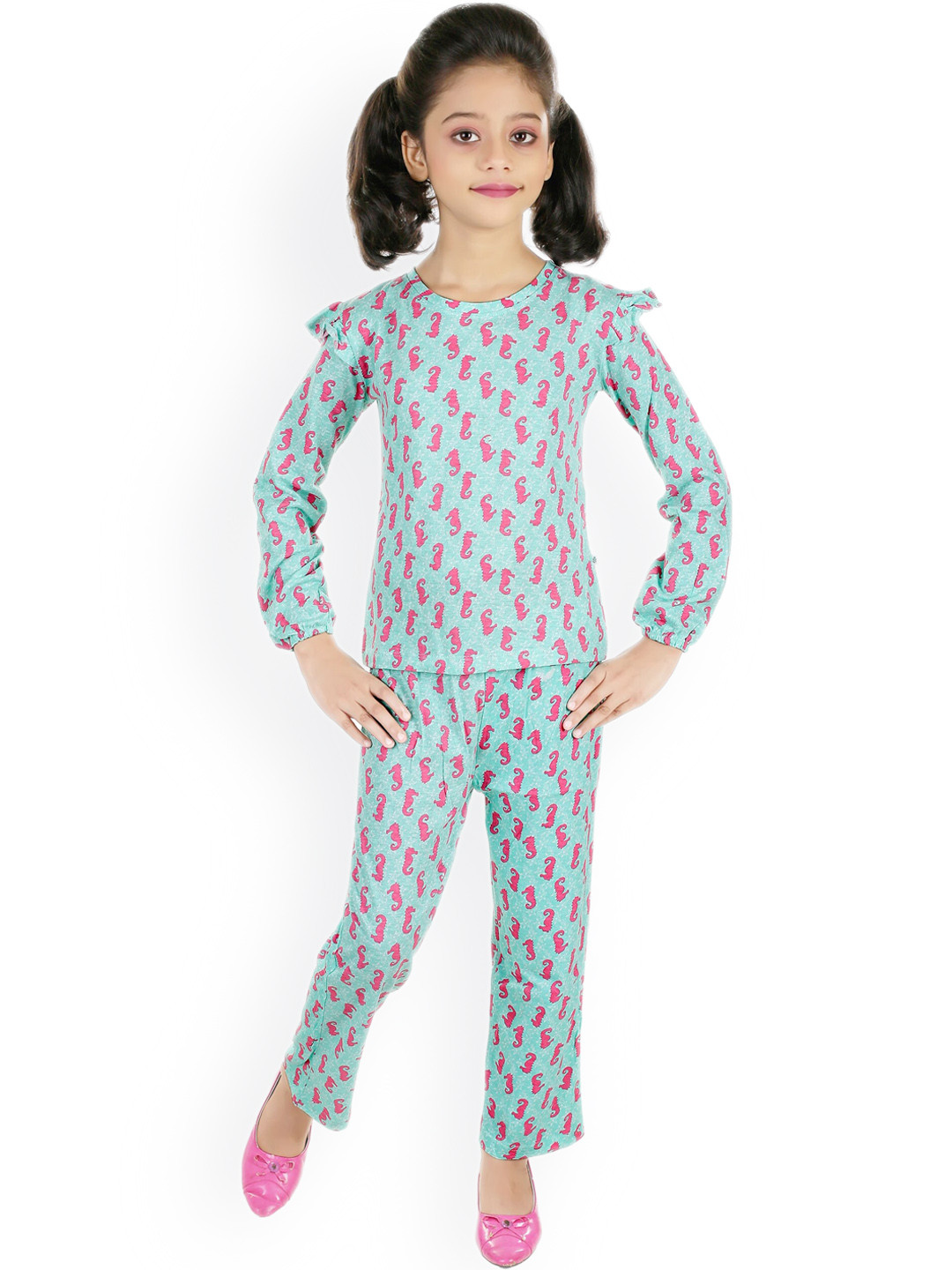 

BAESD Girls Sea Horse Printed Night Suit, Turquoise blue