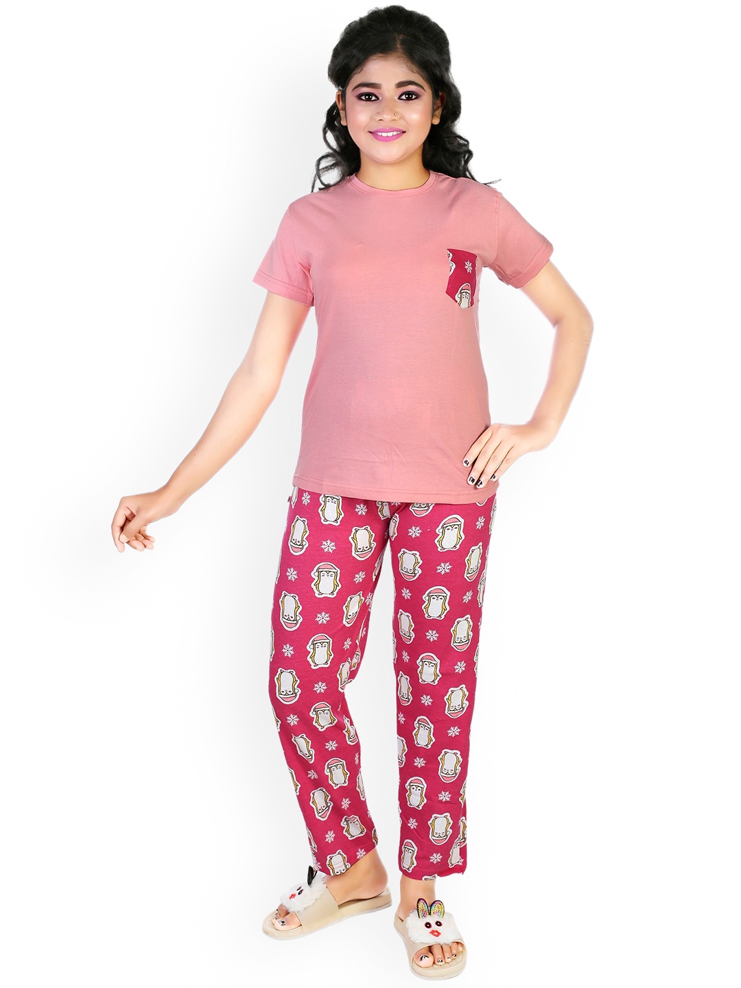 

BAESD Girls Printed Night suit, Pink