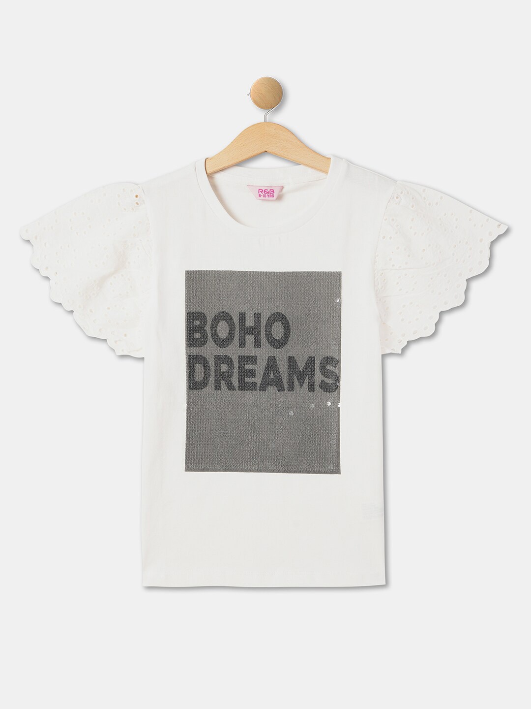 

R&B Girls Typography Printed Flutter Sleeve Cotton Top, White
