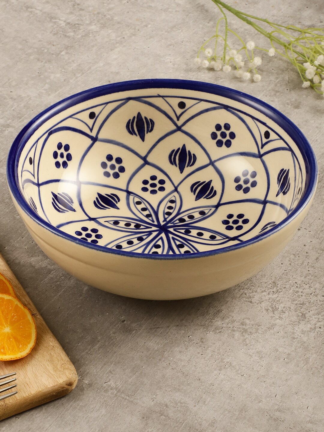

MIAH Decor Cream-Colored & Blue Hand Painted Ceramic Serving Bowl