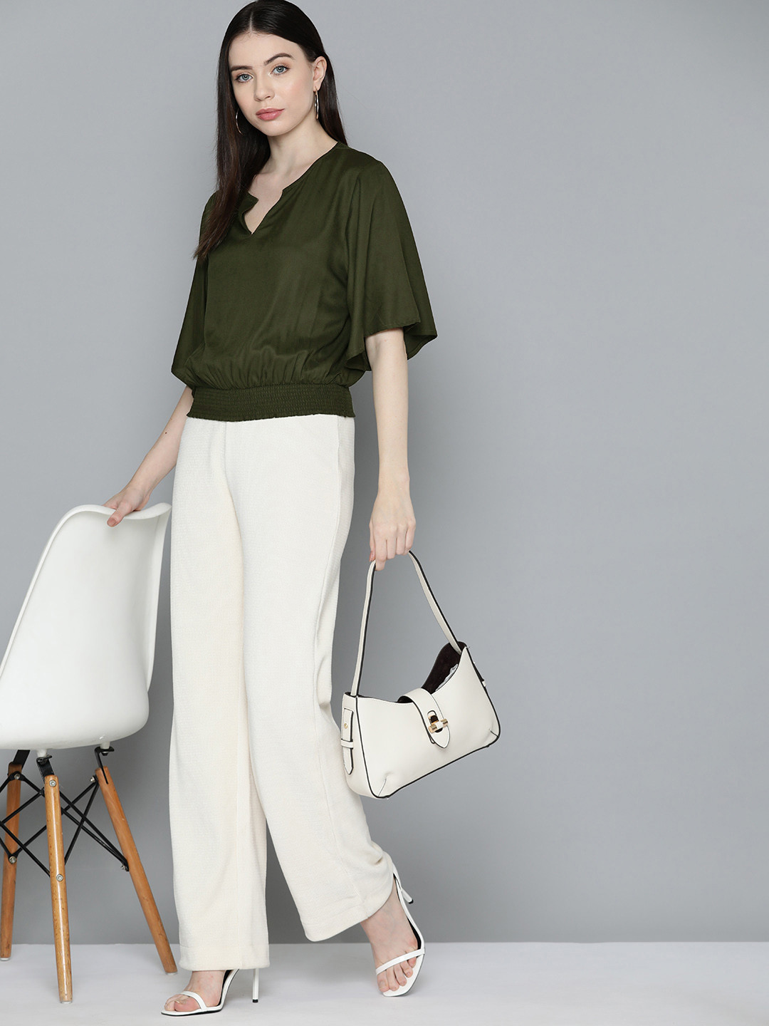 

Chemistry Solid Flared Sleeve Smocked Top, Olive