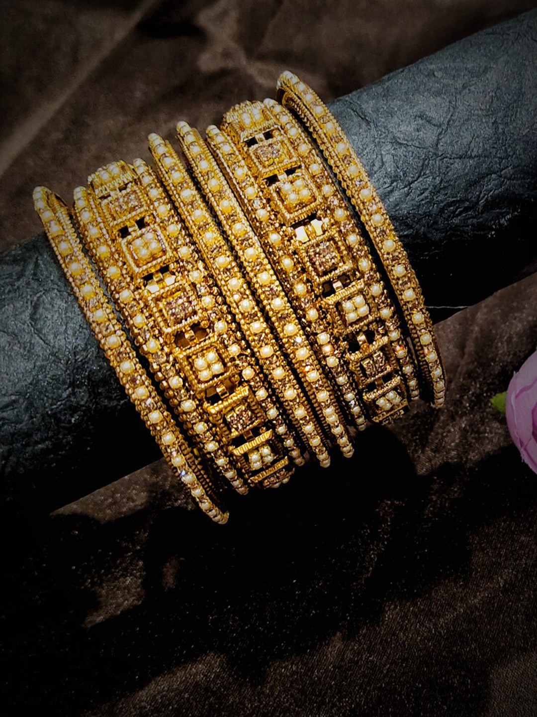 

FEMMIBELLA Set Of 6 Gold-Plated Beads & CZ Stone Bangles Set