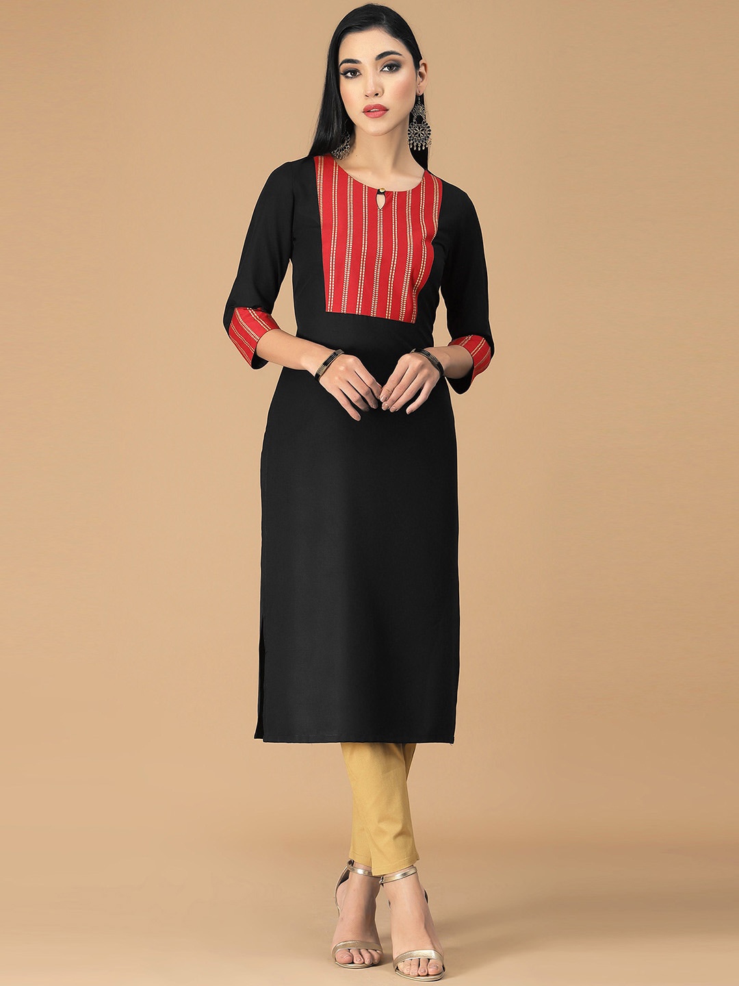 

KALINI Geometric Yoke Design Keyhole Neck Straight Kurta, Black