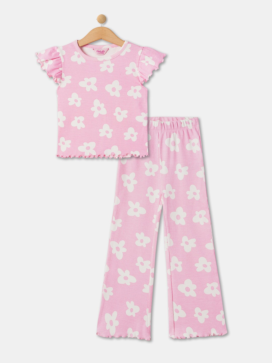 

R&B Girls Floral Printed Pure Cotton T-Shirt With Palazzos, Pink