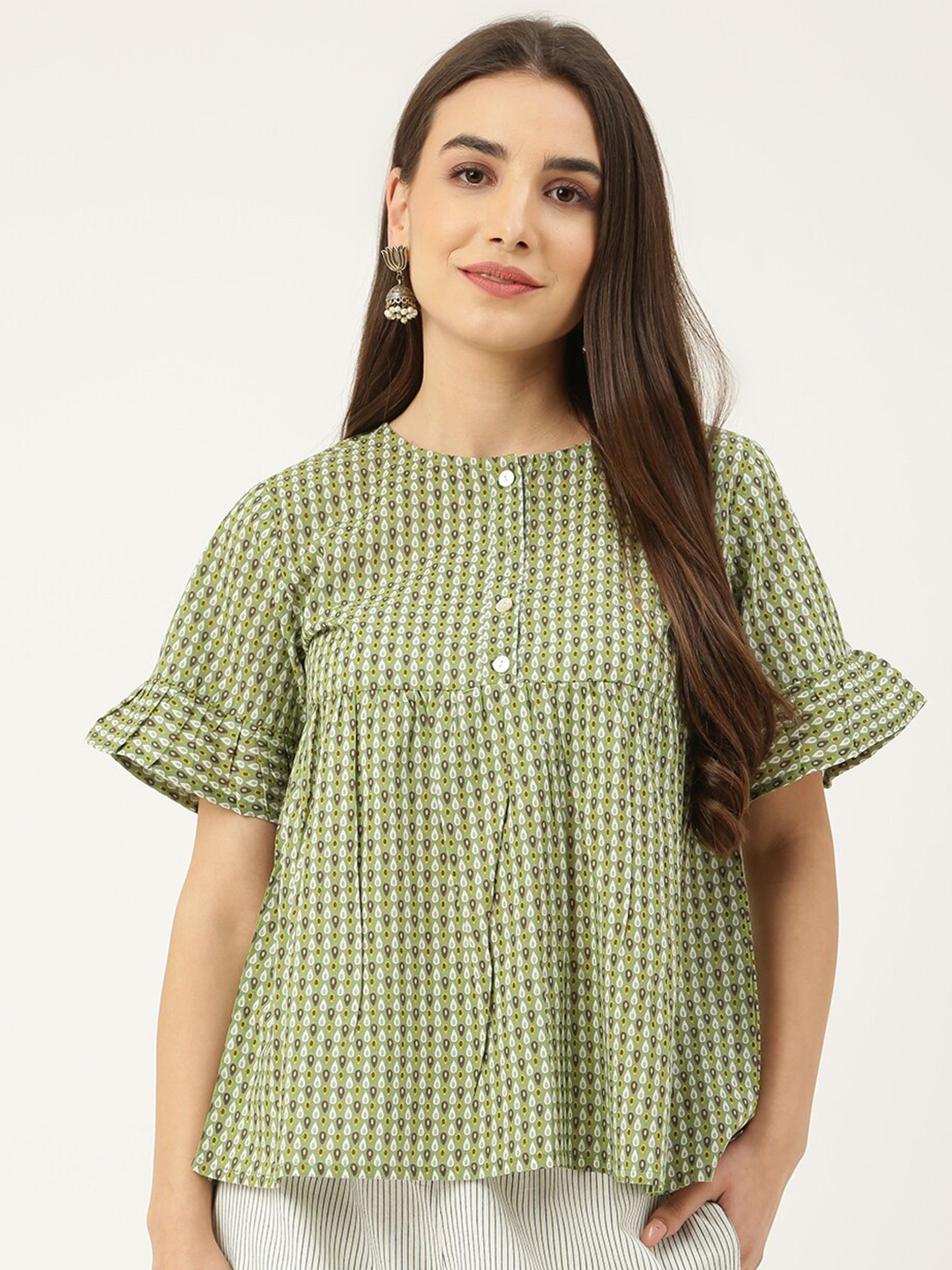 

KALINI Ethnic Motifs Printed Pure Cotton Empire Top, Green