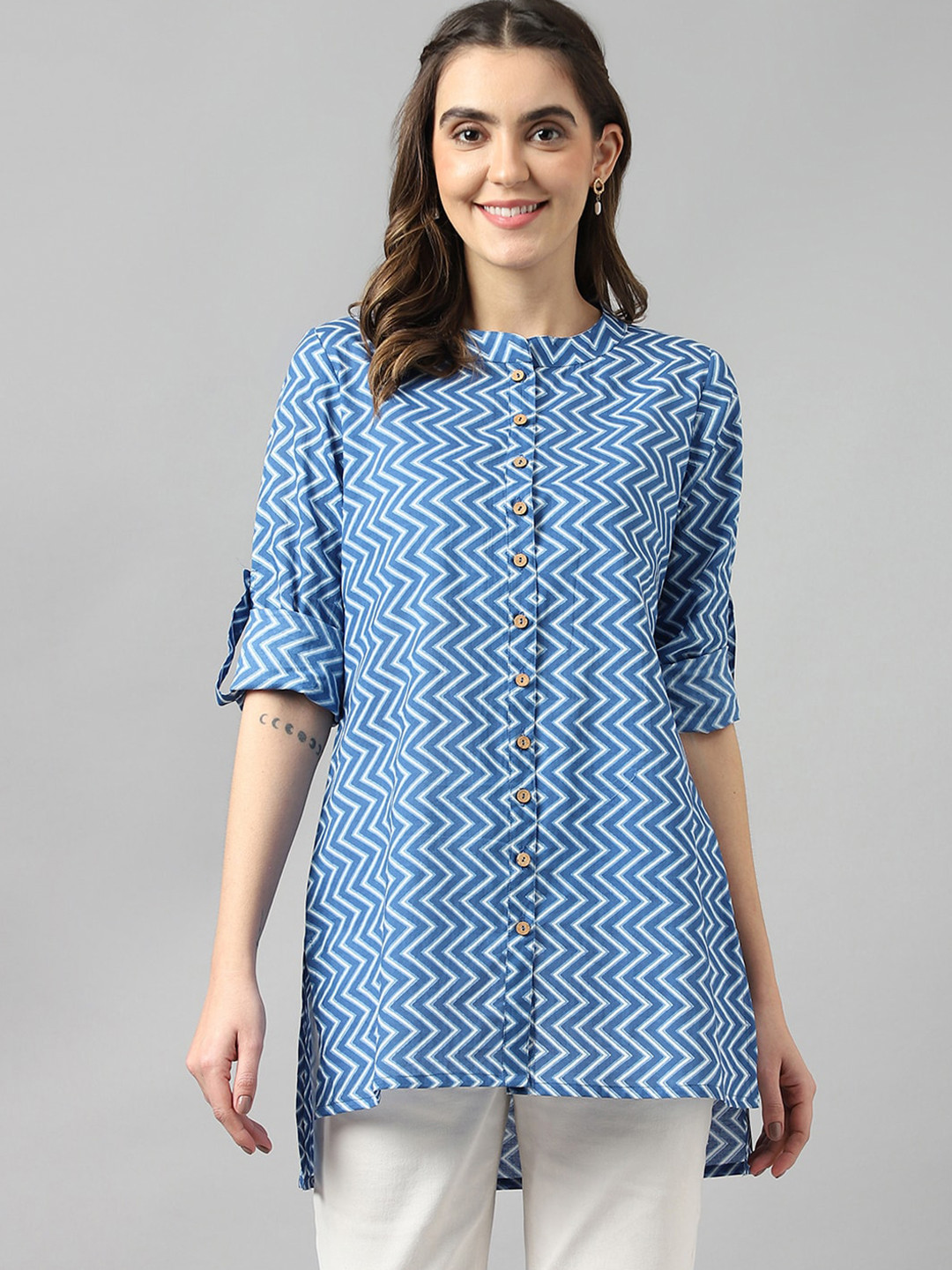 

KALINI Geometric Print Mandarin Collar Roll-Up Sleeves Cotton Shirt Style Longline Top, Blue