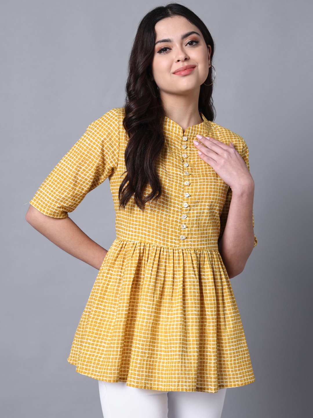 

KALINI Checked Mandarin Collar Gathered Or Pleated Cotton A-Line Longline Top, Mustard