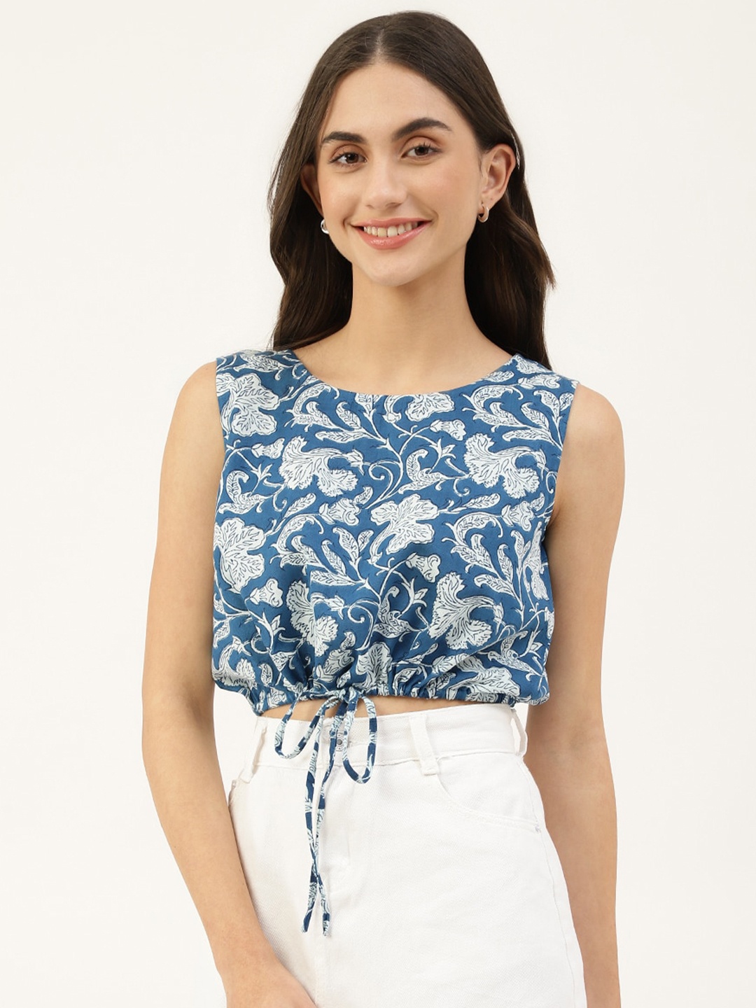 

KALINI Floral Printed Blouson Crop Top, Blue