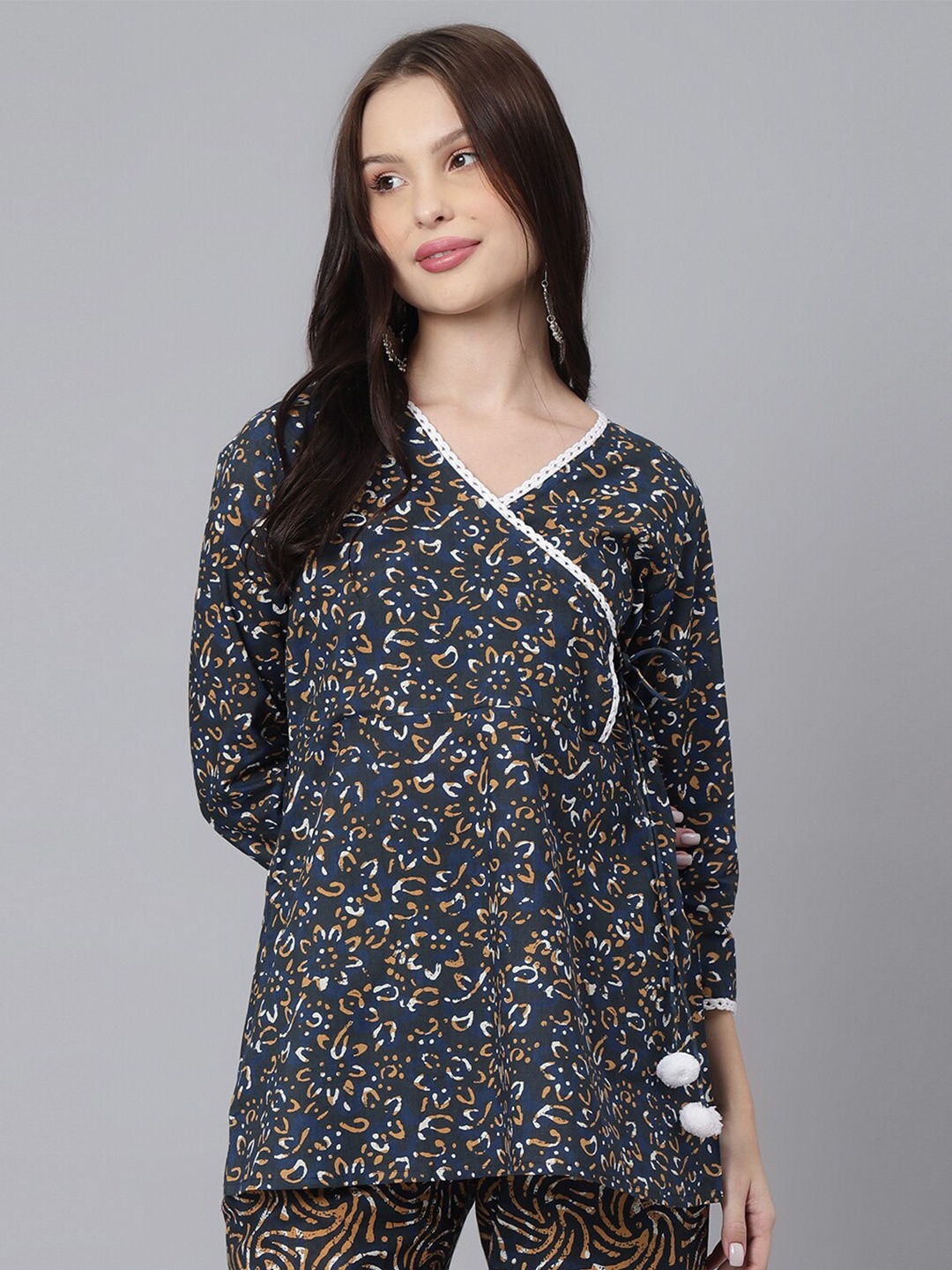 

KALINI Floral Printed V-Neck Pure Cotton A-Line Top, Navy blue