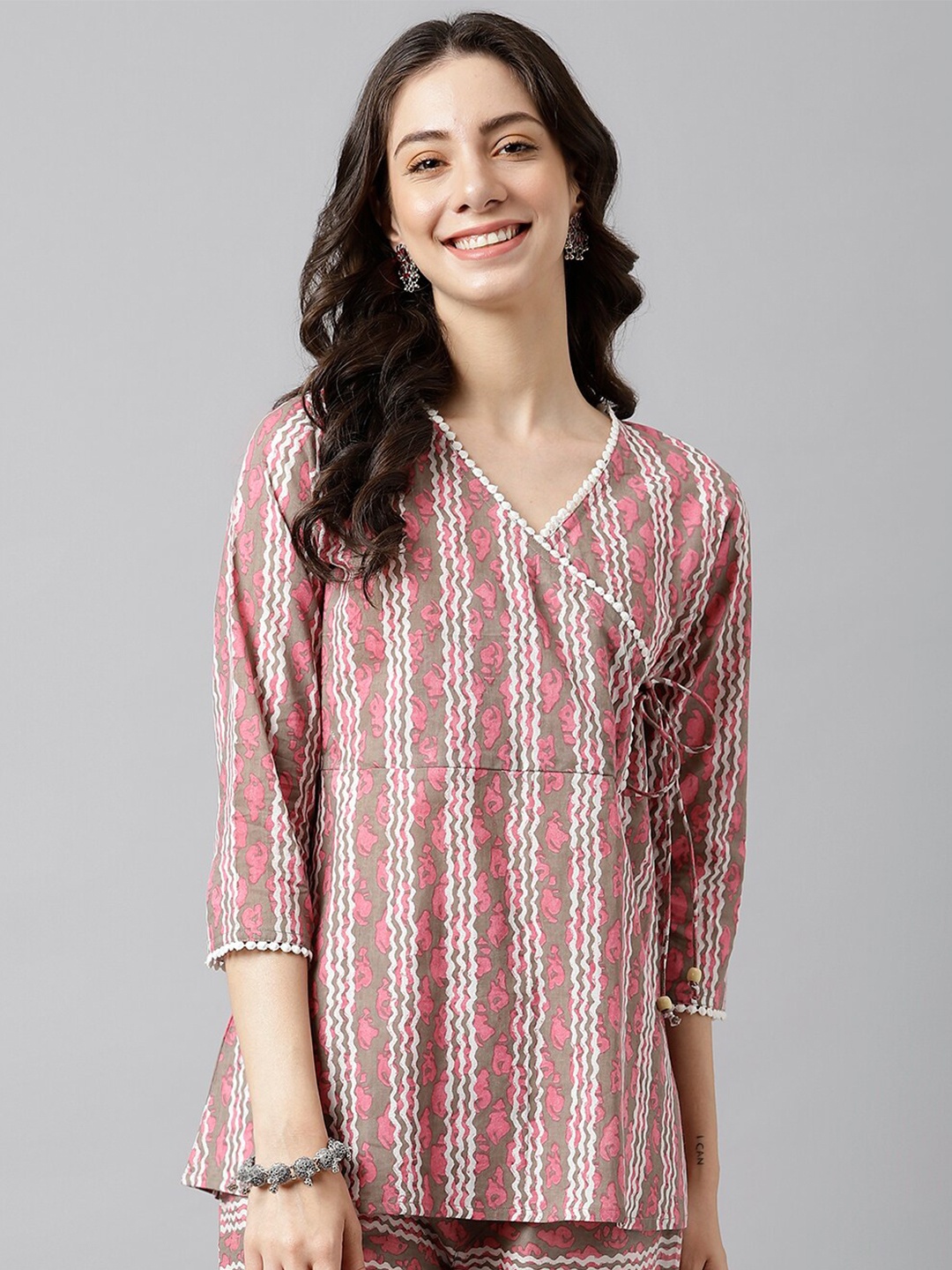 

KALINI Vertical Striped Pure Cotton Wrap Top, Pink