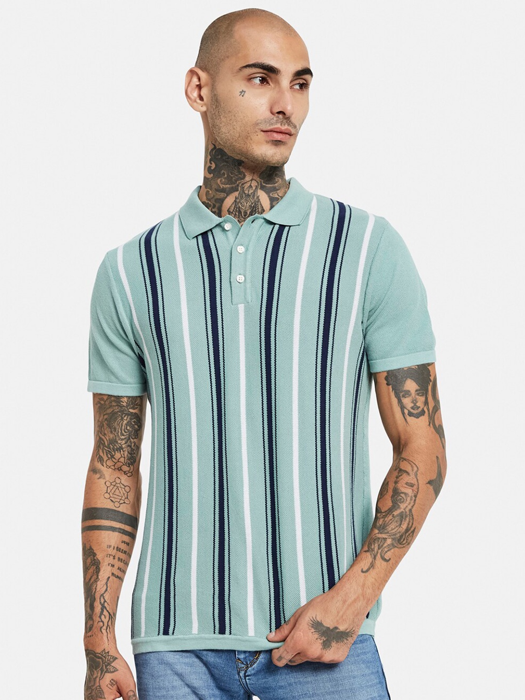 

METTLE Striped Polo Collar Cotton Regular Fit Casual T-shirt, Green