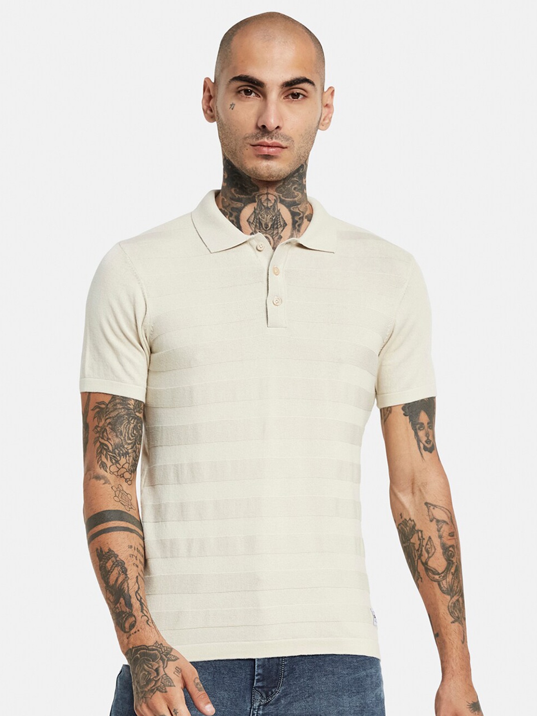 

METTLE Polo Collar Regular Sleeves Cotton Regular Fit Casual T-shirt, Cream