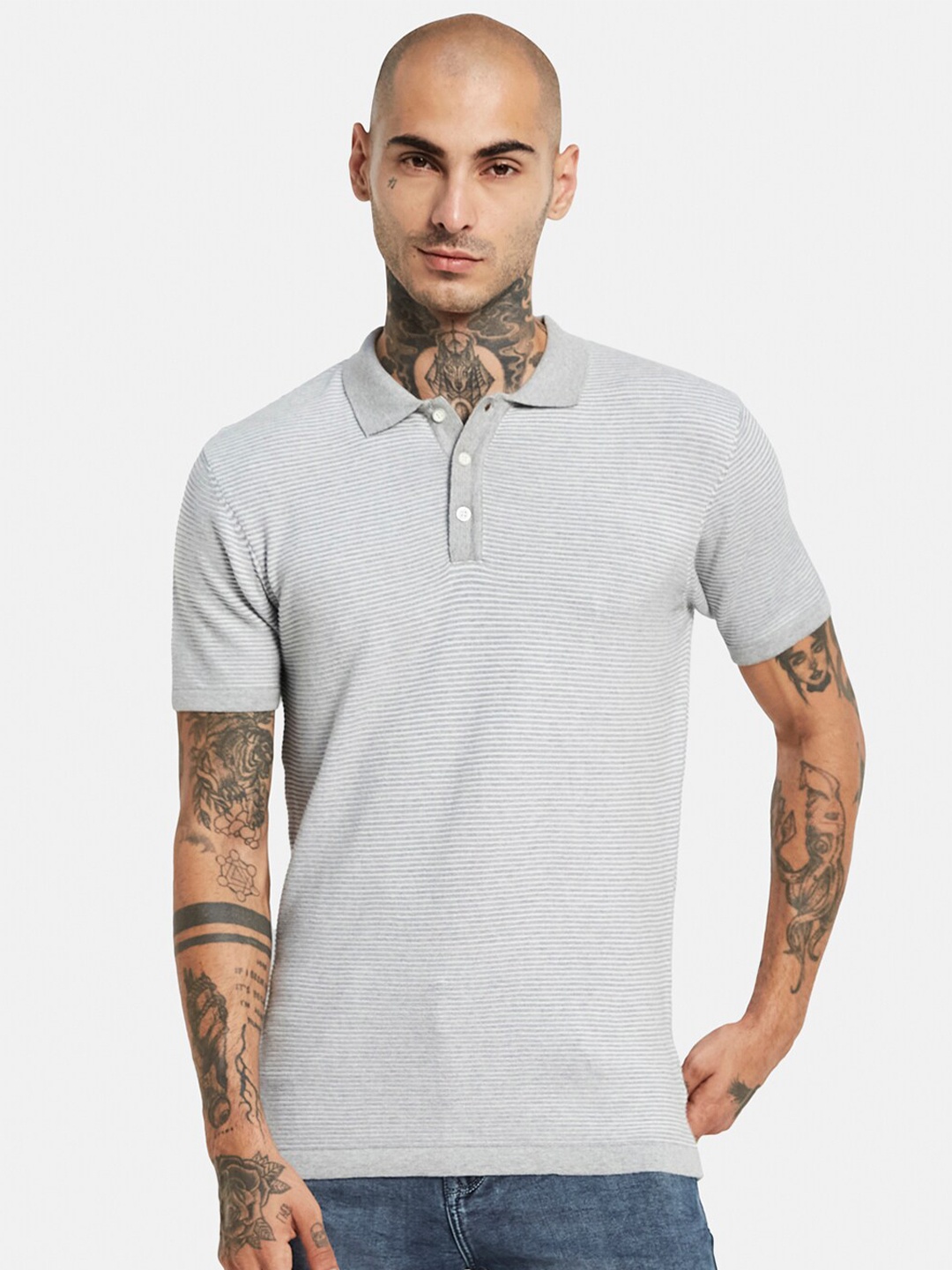 

METTLE Striped Polo Collar Regular Fit Casual T-shirt, Grey