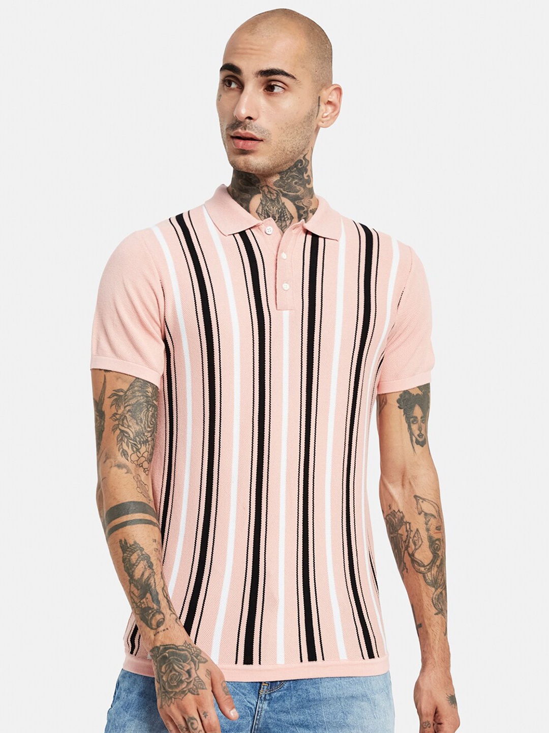 

METTLE Striped Polo Collar Cotton Regular Fit Casual T-shirt, Pink