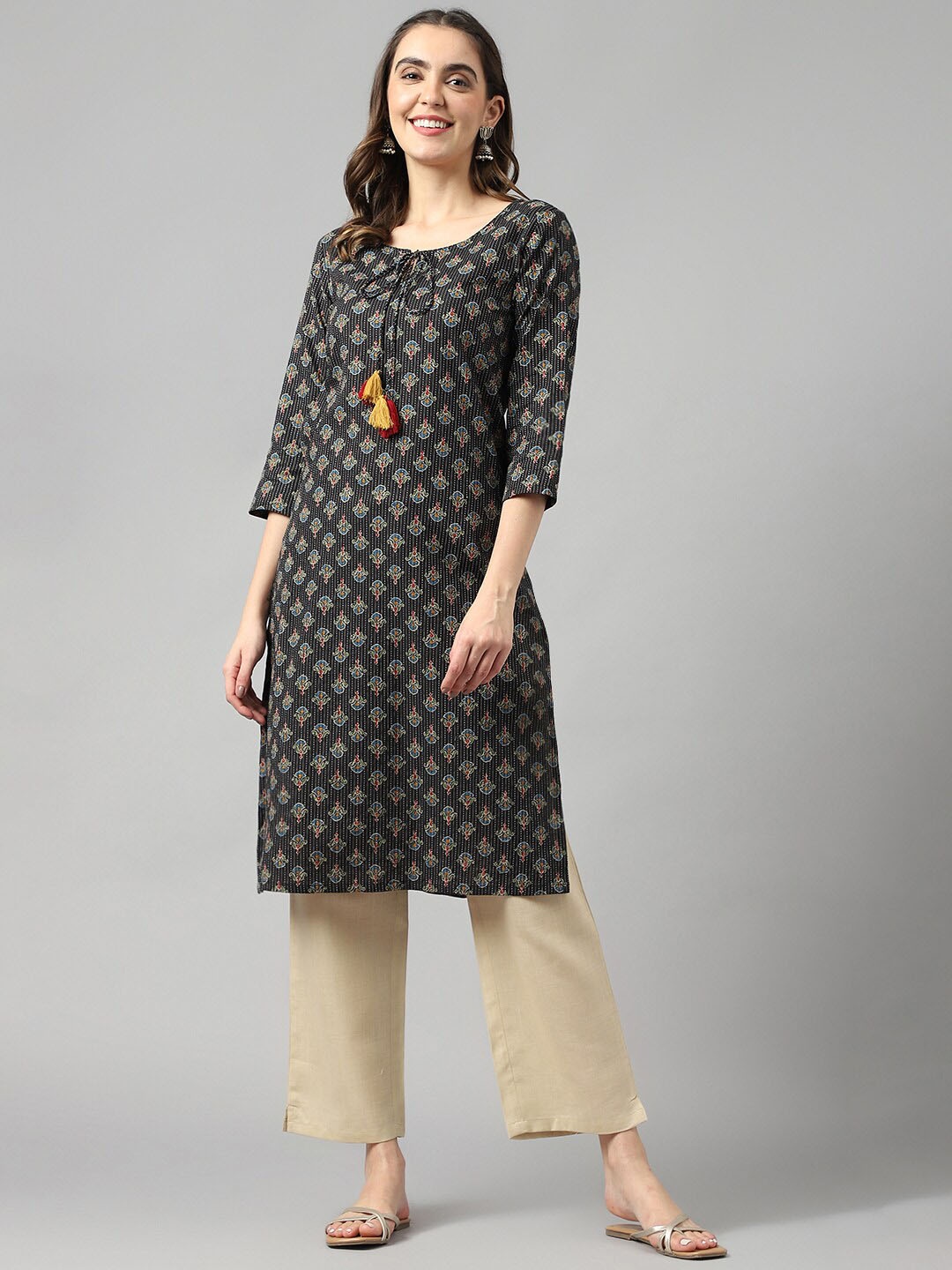 

KALINI Ethnic Printed Keyhole Neck Straight Kurta, Black