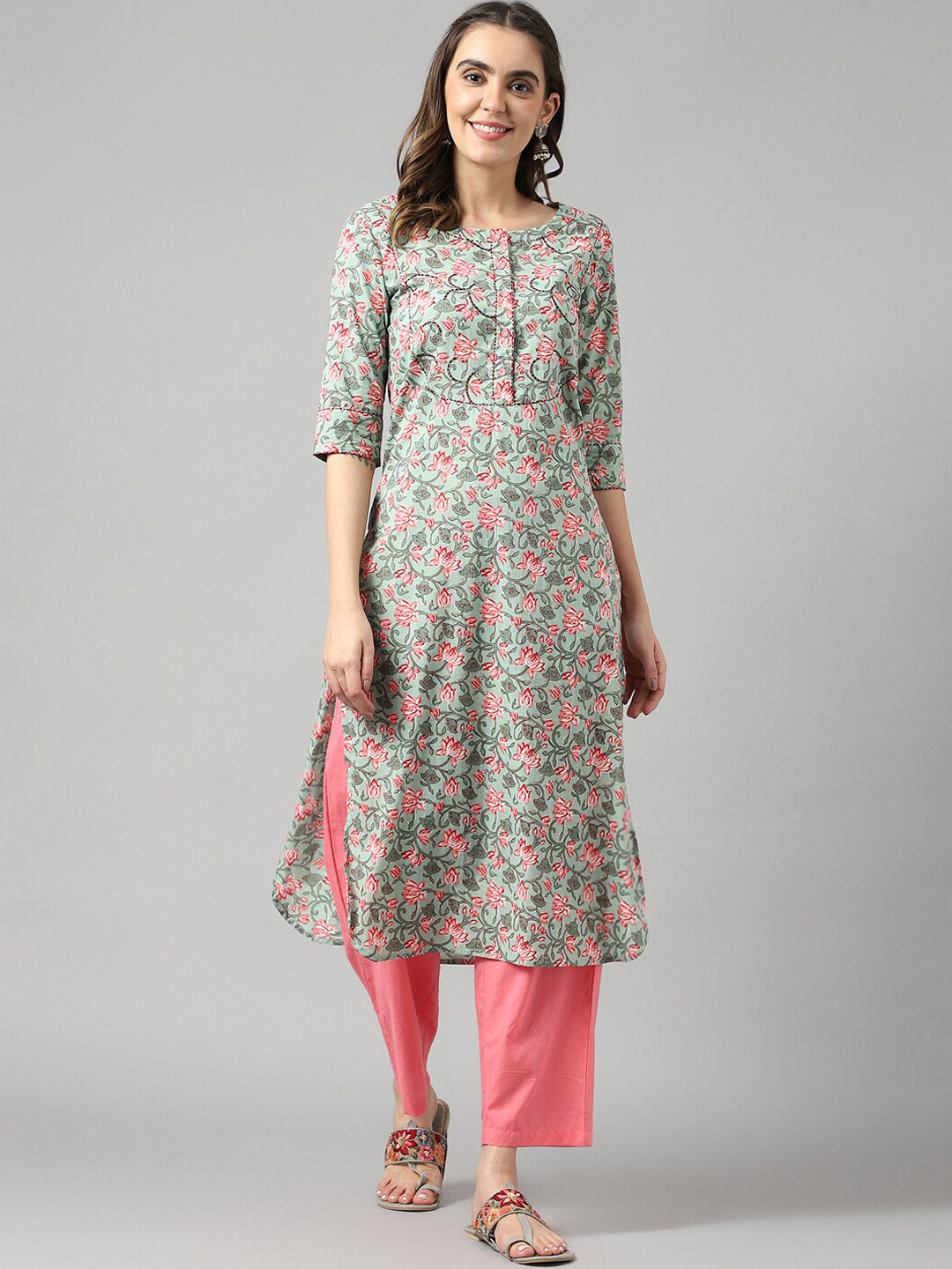 

KALINI Floral Printed Straight Kurta, Green