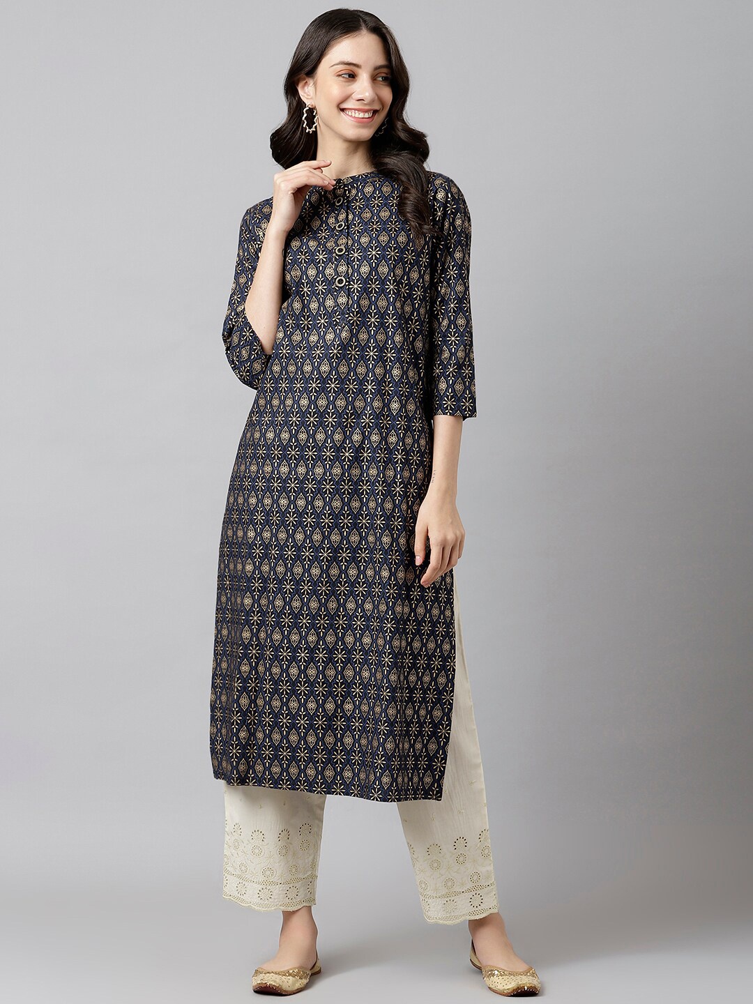 

KALINI Ethnic Motifs Printed Mandarin Collar Straight Kurta, Navy blue