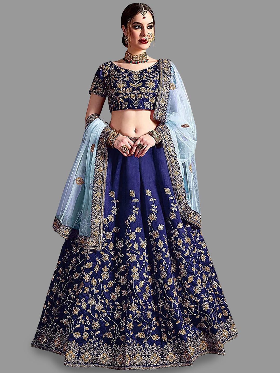 

Sarvayog Fashion Embroidered Thread Work Semi-Stitched Lehenga & Unstitched Blouse With, Blue