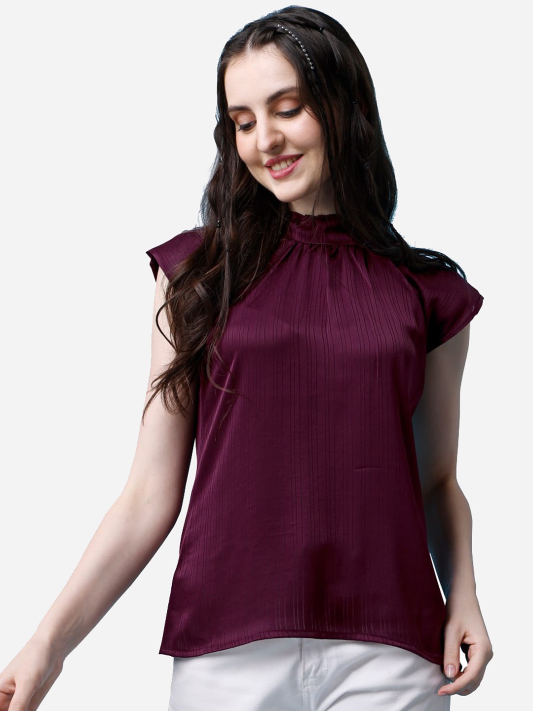 

MARGI DESIGNERS Self Design High Neck Top, Purple