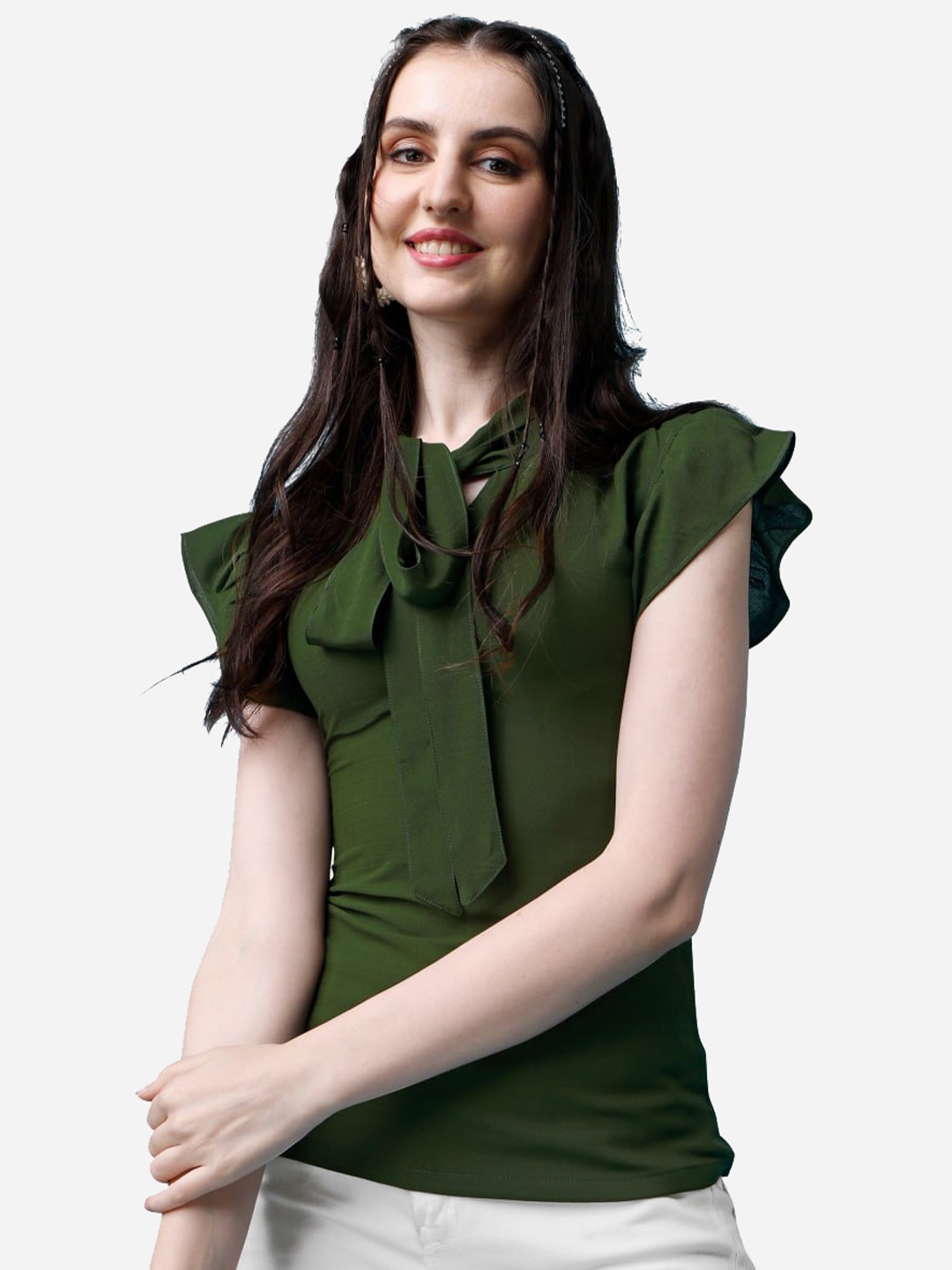

MARGI DESIGNERS Tie-Up Neck Flutter Sleeve Top, Green