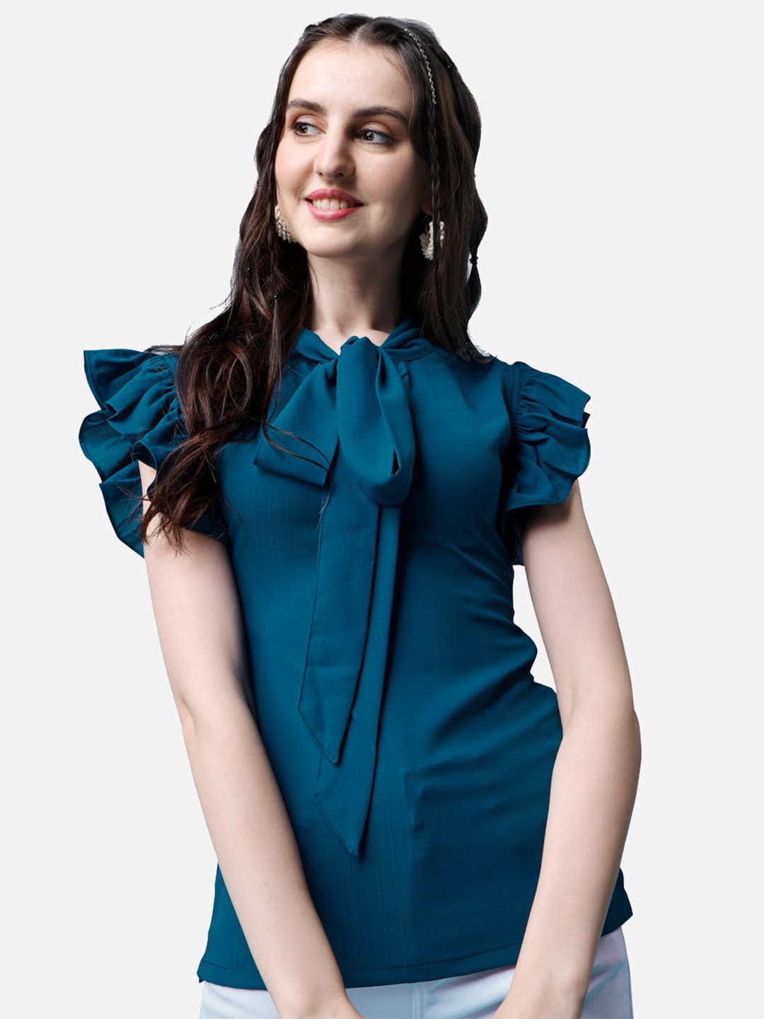 

MARGI DESIGNERS Mandarin Collar Flutter Sleeve Top, Turquoise blue