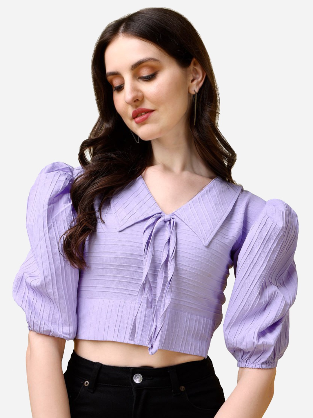 

MARGI DESIGNERS Self Design Tie-Up Neck Puff Sleeve Top, Lavender