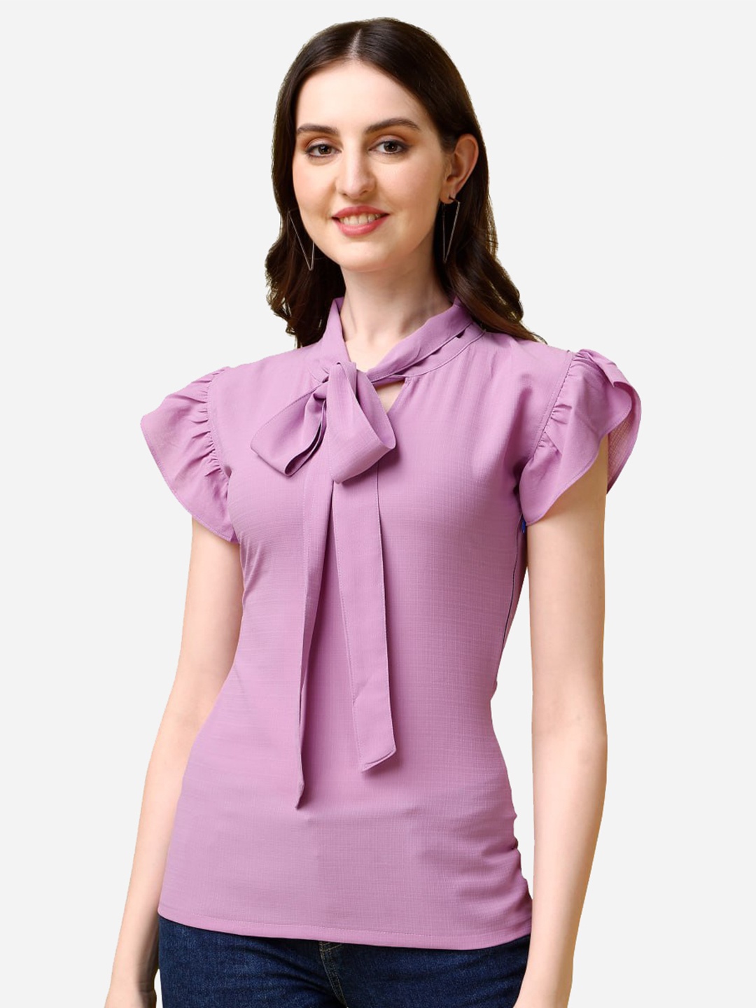 

MARGI DESIGNERS Tie-Up Neck Flutter Sleeves Top, Lavender