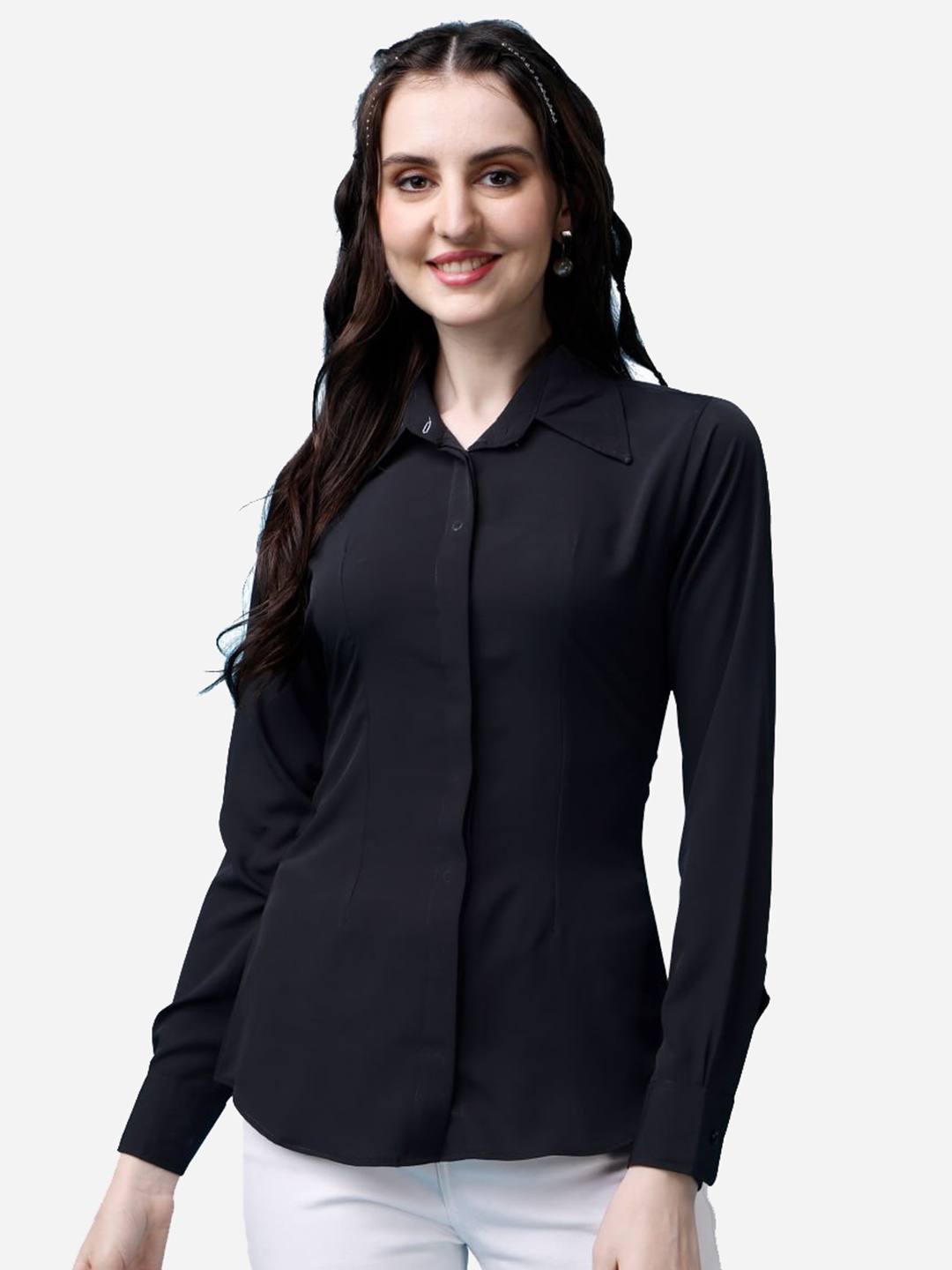 

MARGI DESIGNERS High Neck Cuffed Sleeve Shirt Style Top, Black