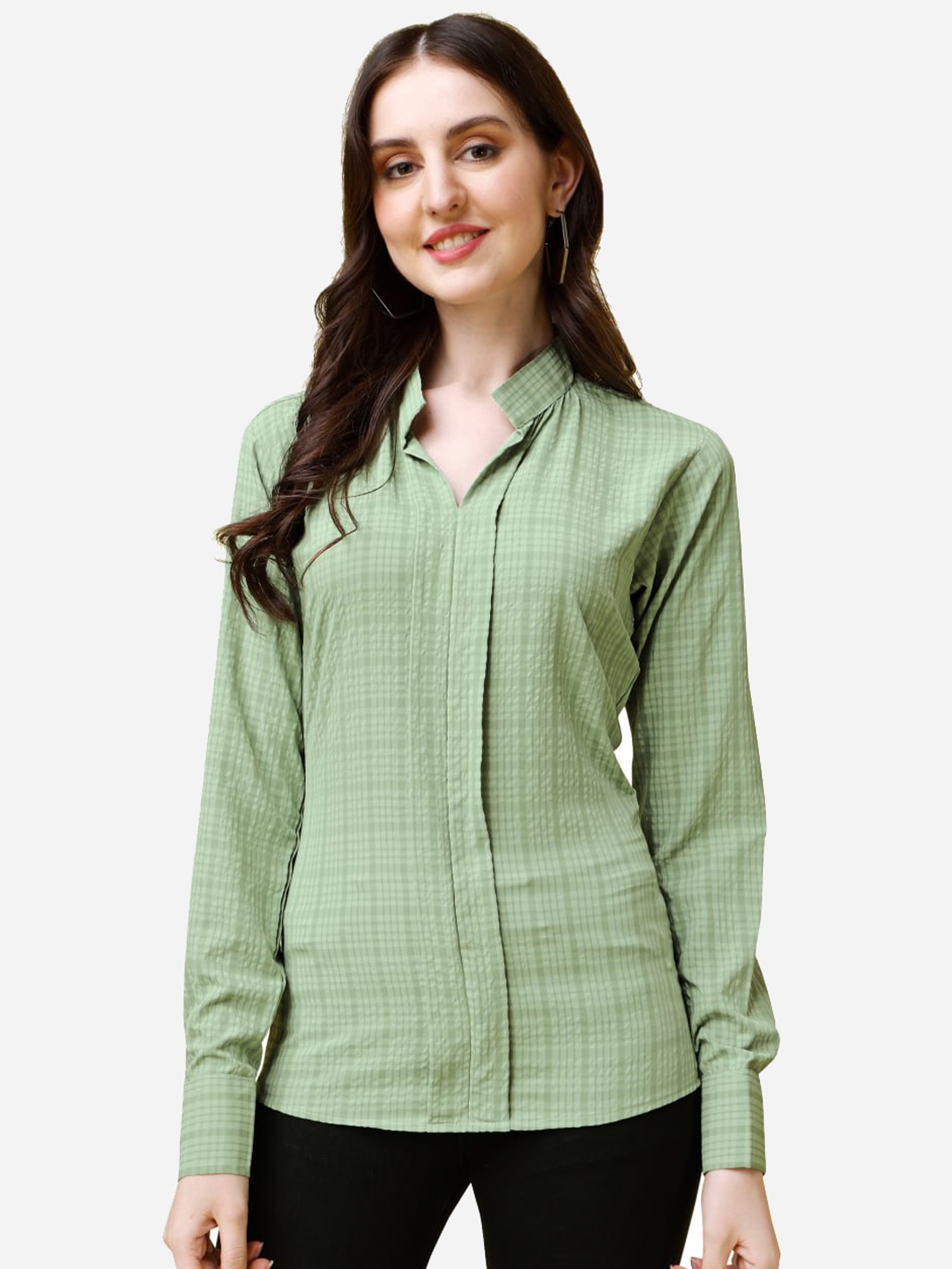 

MARGI DESIGNERS High Neck Cuffed Sleeve Shirt Style Top, Green