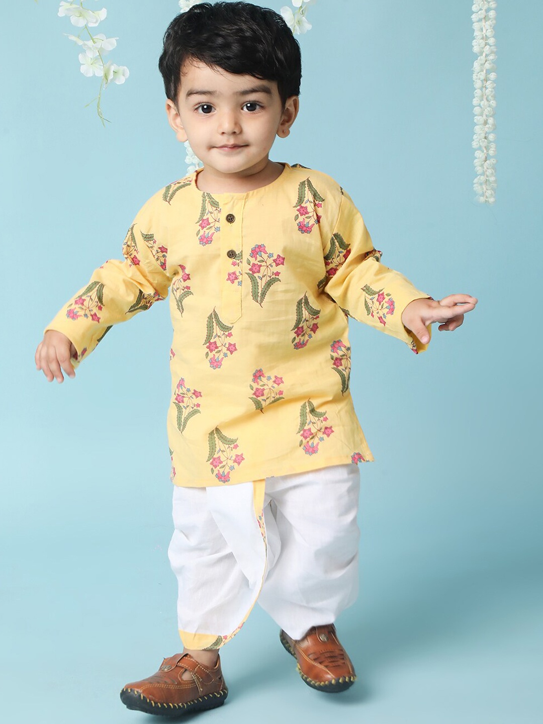 

KID1 Boys Floral Printed Pure Cotton Kurta with Dhoti Pants, Yellow