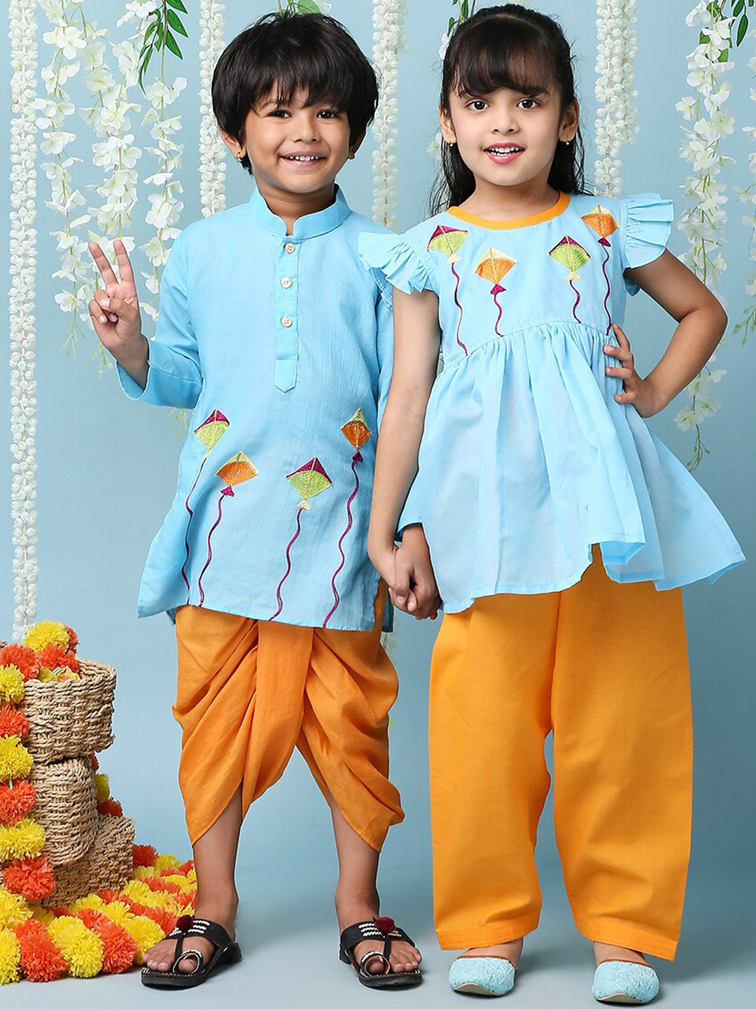 

KID1 Boys Embroidered Regular Thread Work Pure Cotton Kurta with Dhoti Pants, Blue