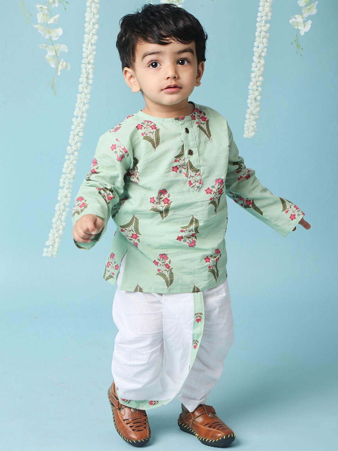 

KID1 Boys Floral Printed Pure Cotton Kurta with Dhoti Pants, Green