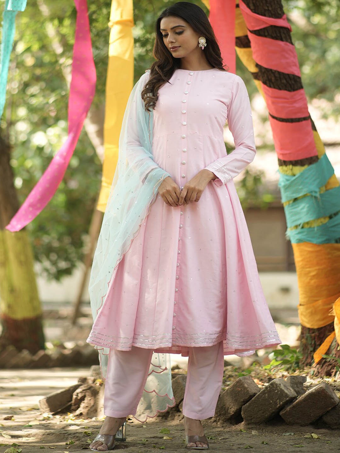 

WEAVLLITE Floral Embroidered Anarkali Kurta with Trousers & Dupatta, Pink