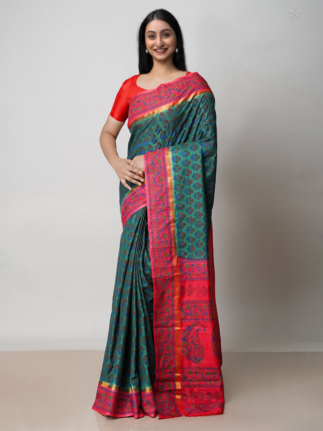 

Unnati Silks Ethnic Motifs Printed Zari Baluchari Saree, Green