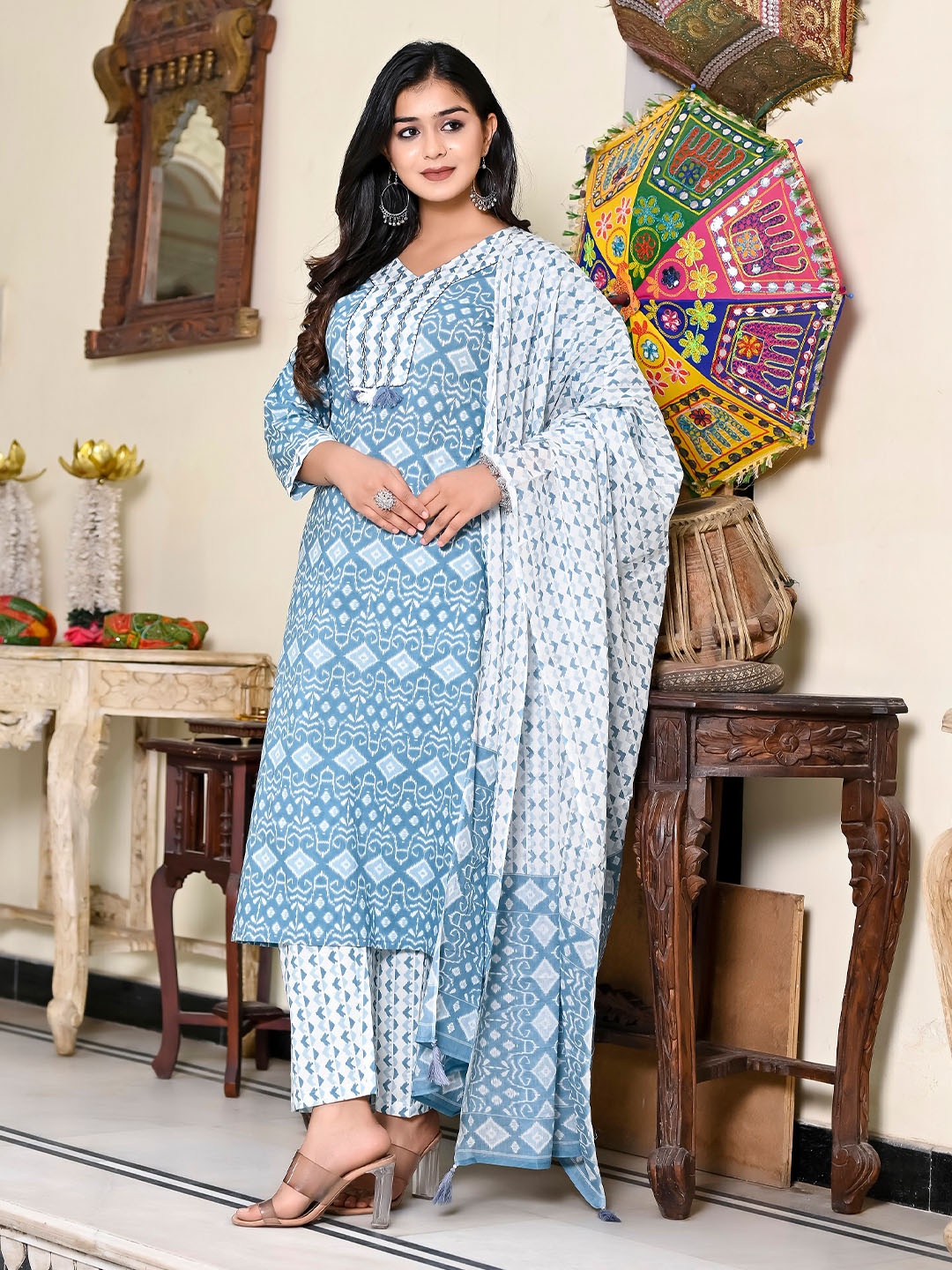 

MissKurti Ethnic Motif Printed Pure Cotton Kurta & Salwar With Dupatta, Blue