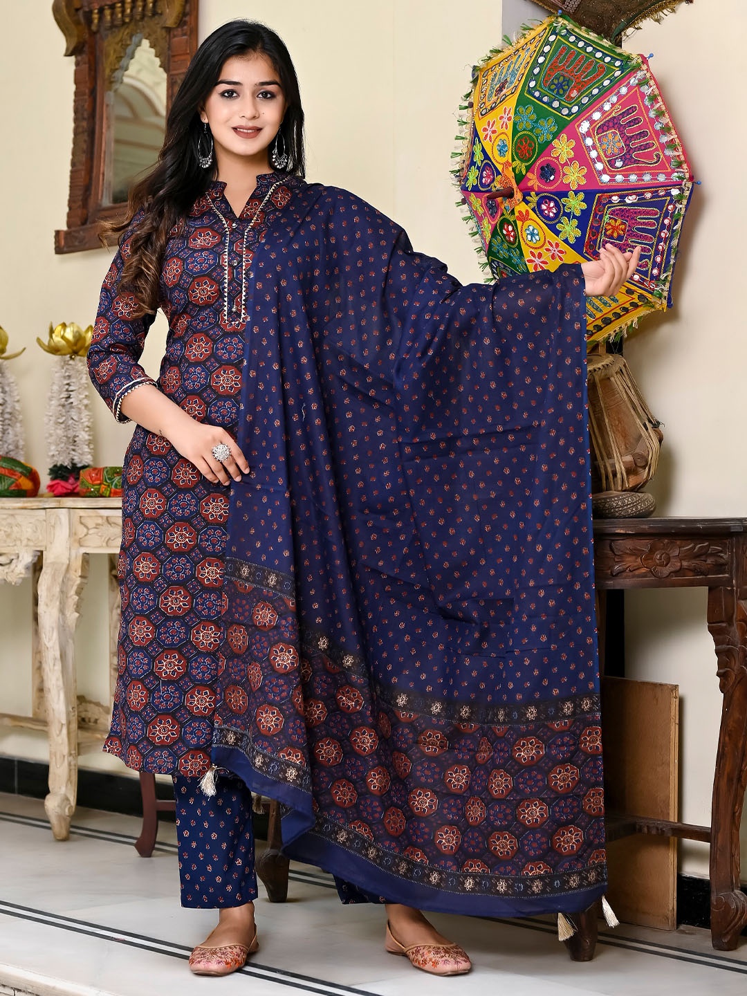 

MissKurti Ethnic Motif Printed Pure Cotton Kurta & Salwar With Dupatta, Blue