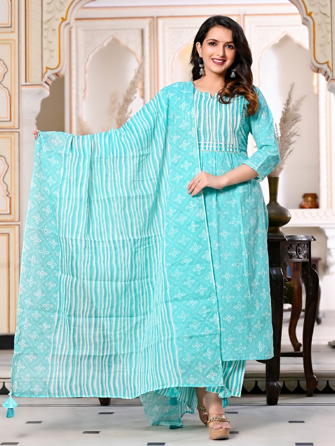

MissKurti Floral Printed Gotta Patti Pure Cotton Kurta & Salwar With Dupatta, Blue