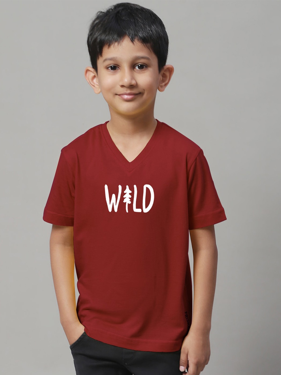 

Friskers Boys Typography Printed V-Neck Casual Pure Cotton T-shirt, Maroon