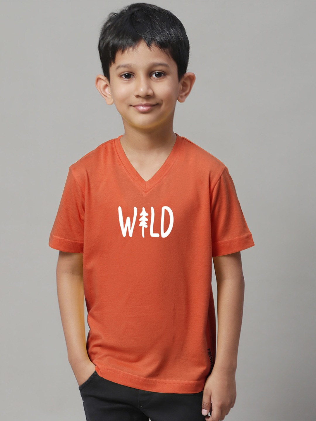 Friskers Boys Typography Printed V-Neck T-shirt, Orange