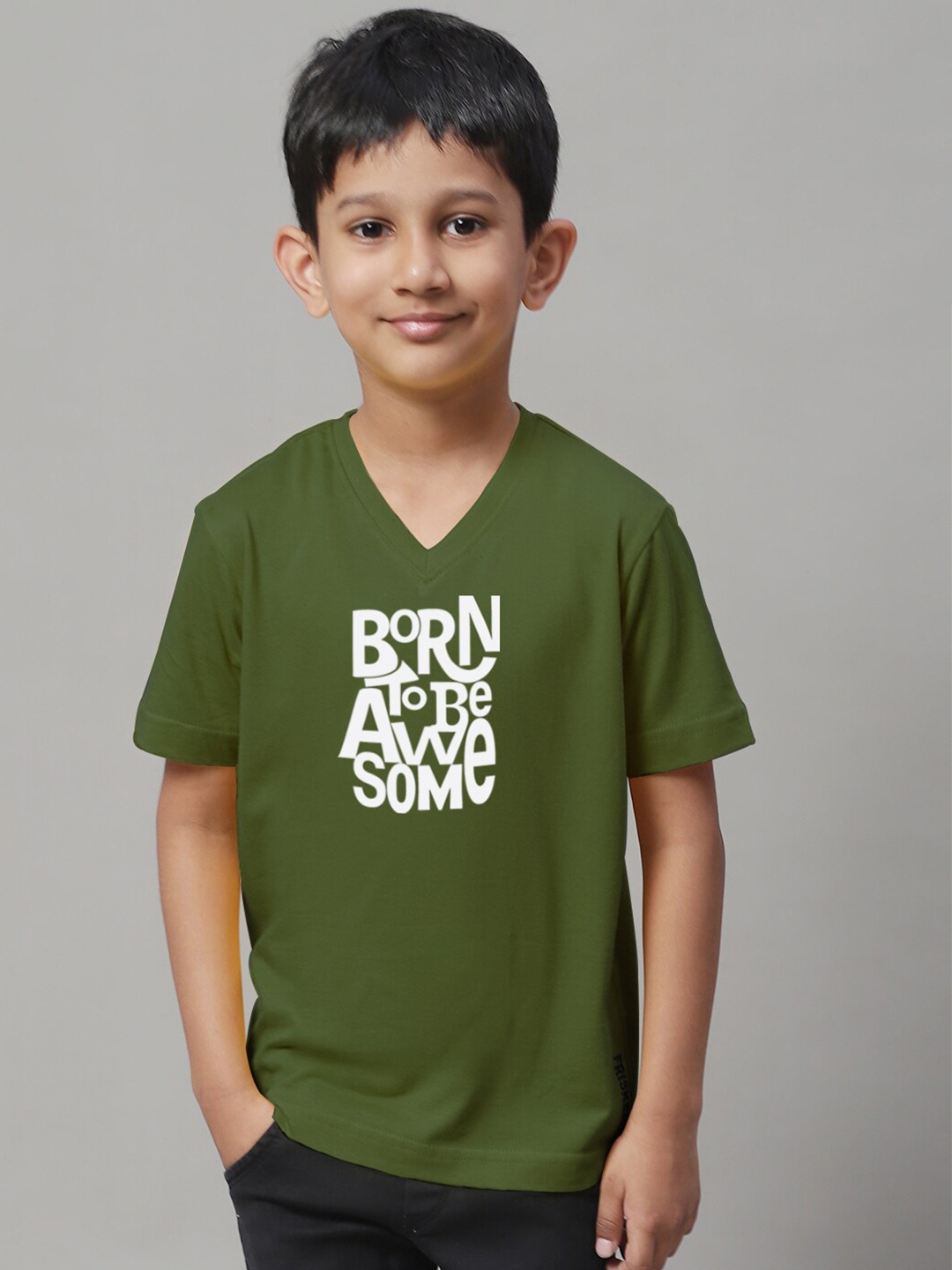 

Friskers Boys Typography Printed V-Neck Pure Cotton Bio-Wash T-shirt, Olive
