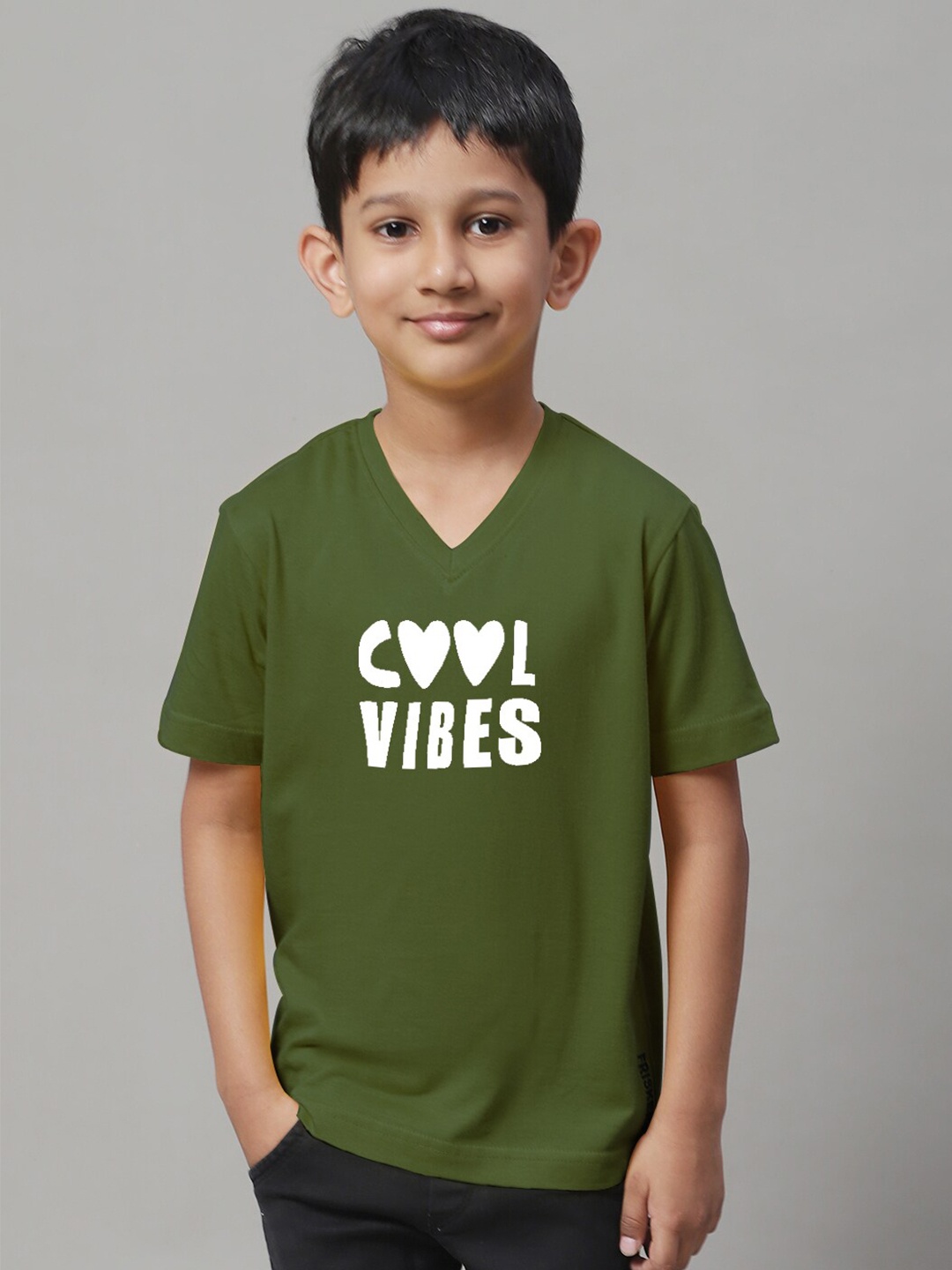 

Friskers Boys Typography Printed V-Neck Cotton T-Shirts, Olive