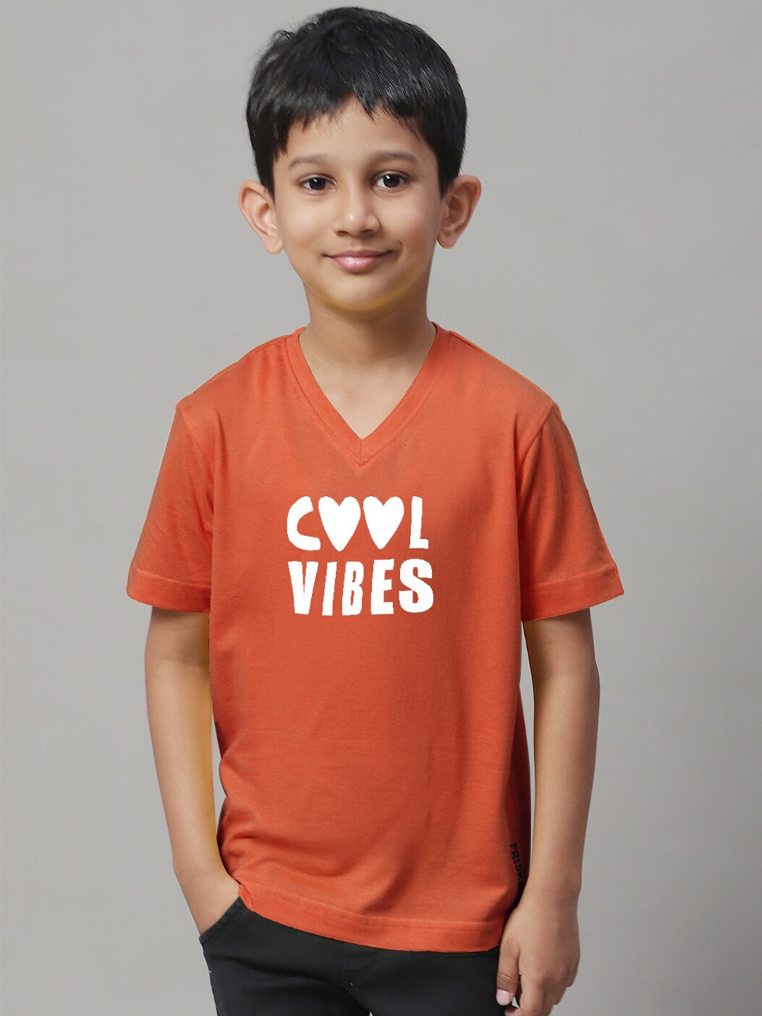

Friskers Boys Typography Printed V-Neck Cotton Bio Wash Regular T-shirt, Orange