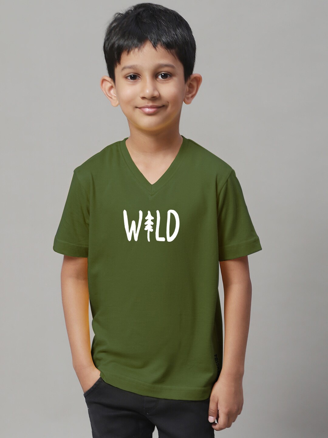 Friskers Boys Typography Printed Bio Wash Pure Cotton T-shirt, Olive