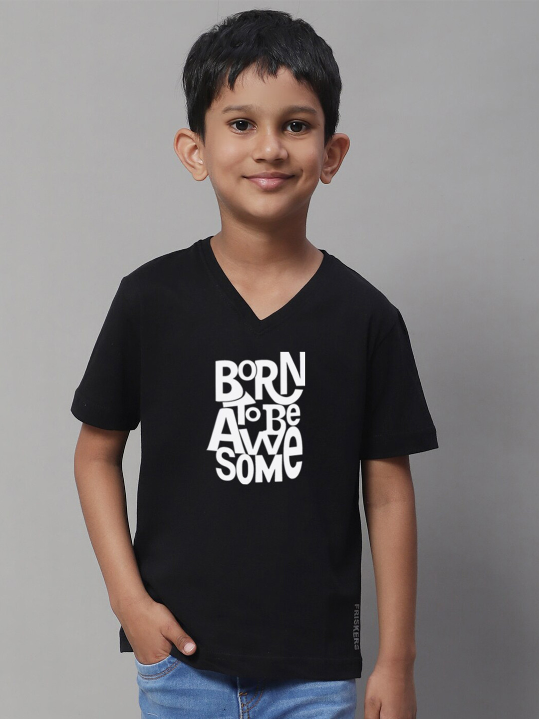 

Friskers Boys Typography Printed V-Neck Cotton T-Shirts, Black