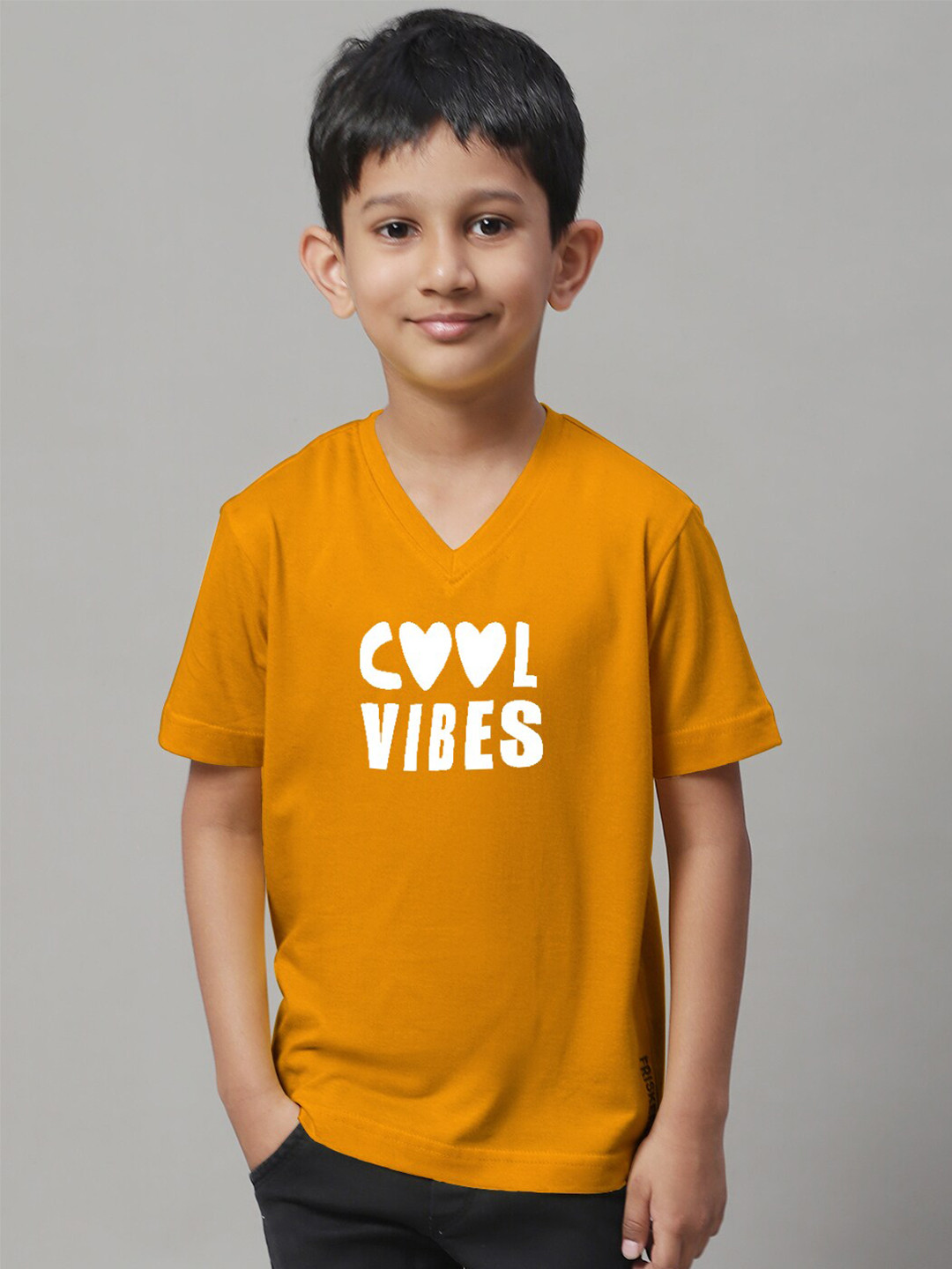 

Friskers Boys Typography Printed V-Neck Skin Friendly Bio-Wash Pure Cotton T-Shirt, Mustard