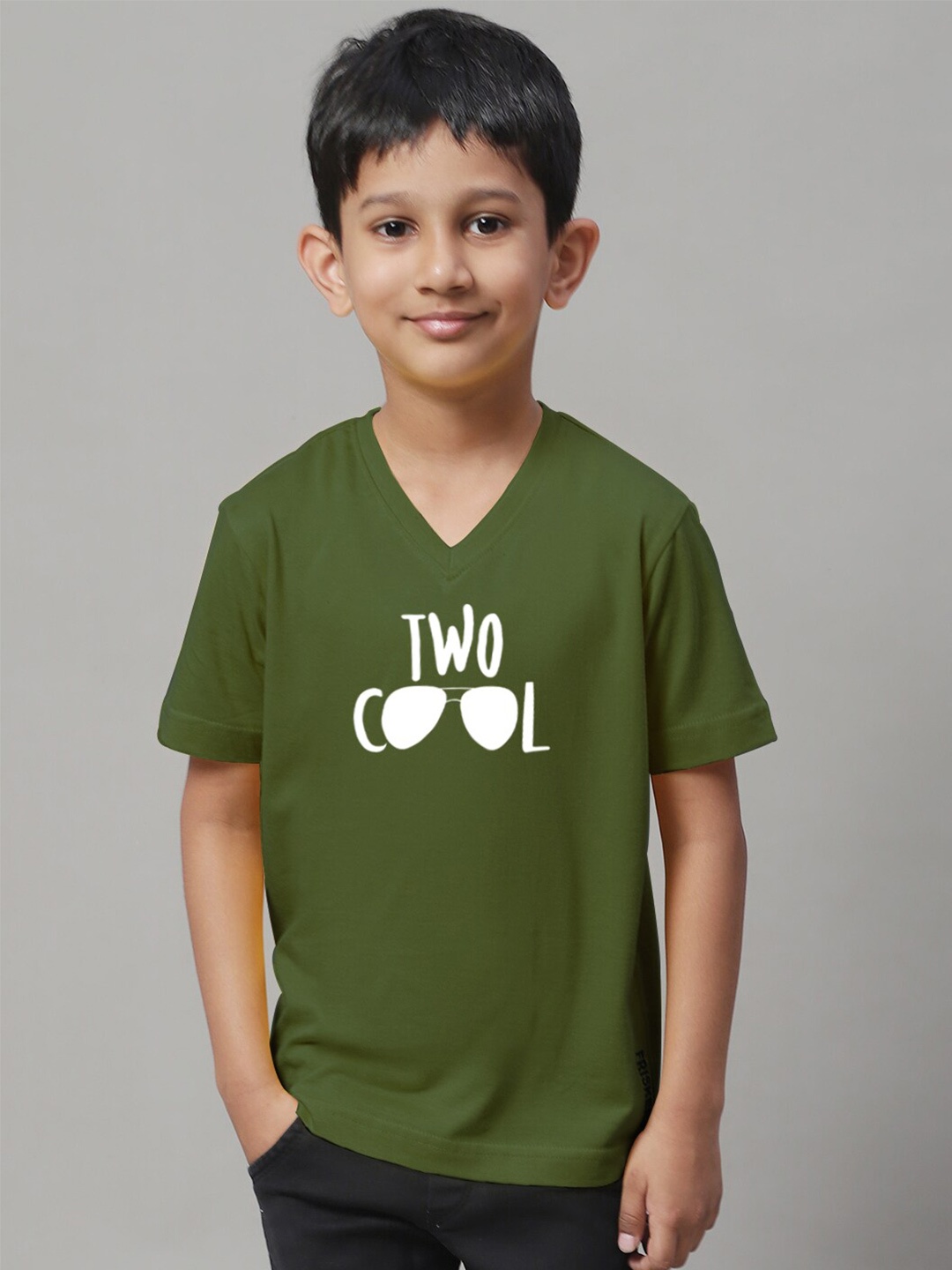 

Friskers Boys Typography Printed V-Neck Skin Friendly Bio-Wash Pure Cotton T-Shirt, Olive